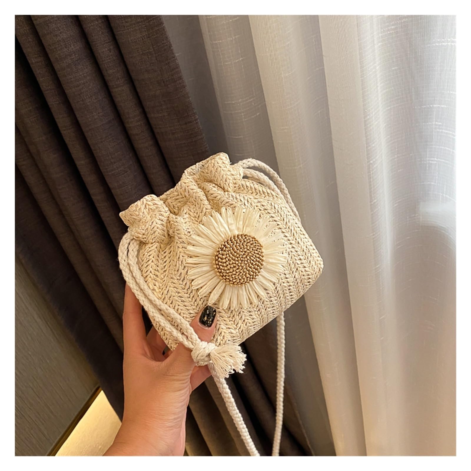 DVMSIEF Straw Bag Small Shoulder Bags Women Drawstring Straw Beach Flower Embroidery Ladies Lace Crossbody Handbags for Travel(White 15x13x5cm)