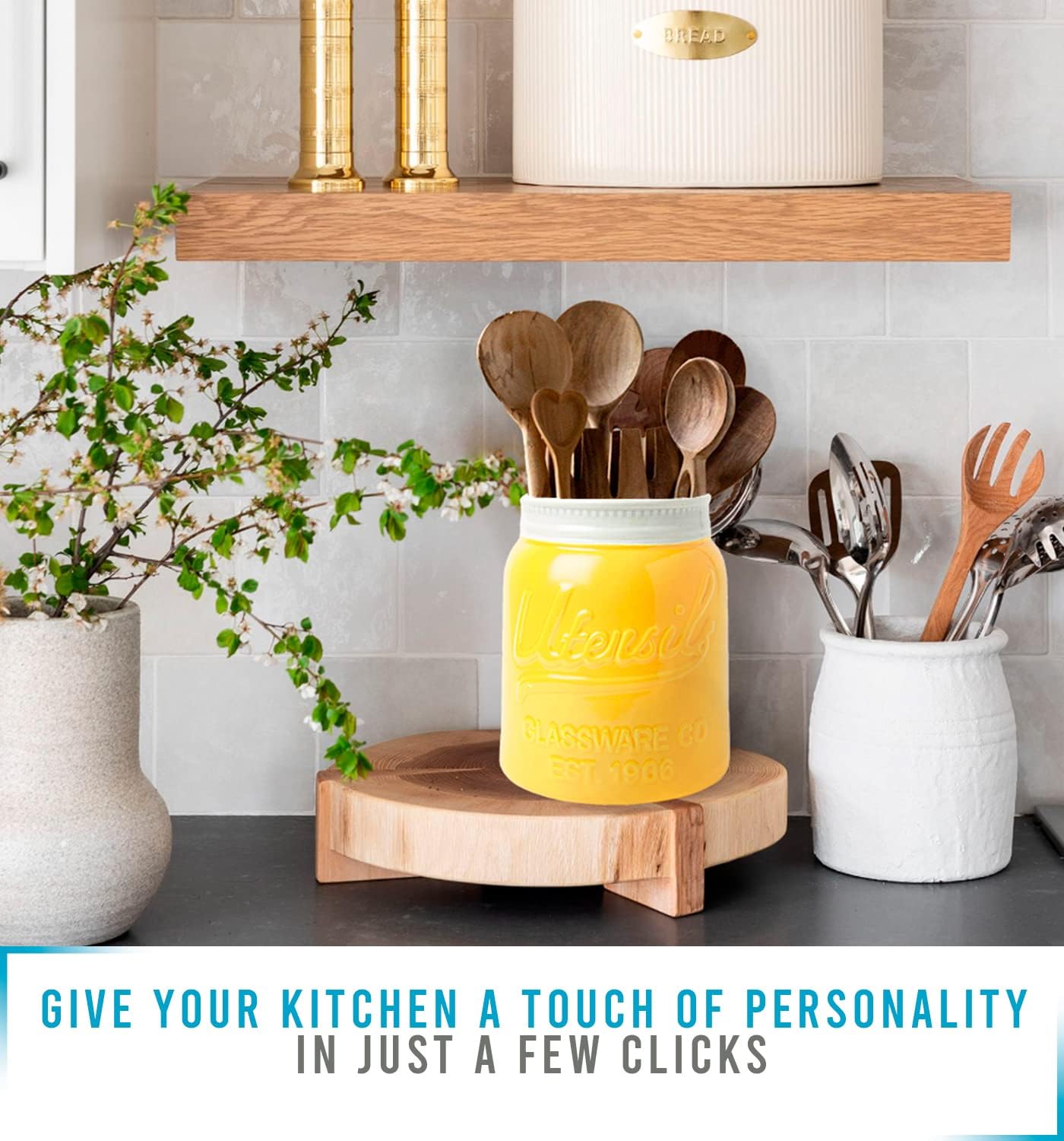 Wide Mouth Mason Jar Utensil Holder Decorative Kitchenware Organizer Crock, Chip Resistant Ceramic, Dishwasher Safe - Kitchen Caddy Green, Large Size 7" High - Yellow : Home & Kitchen