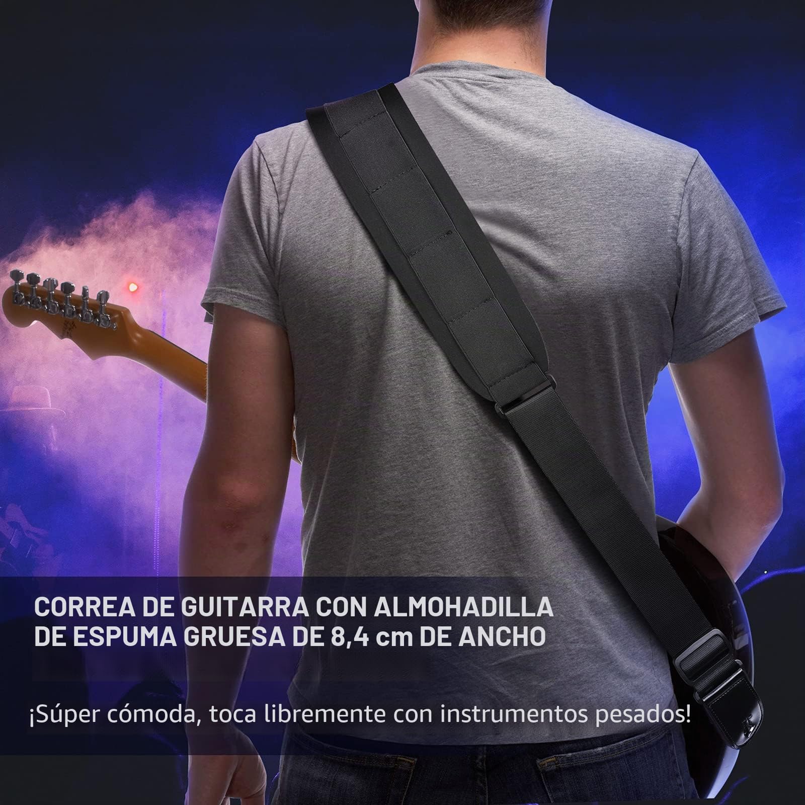 LEKATO Correa de guitarra acolchada de algodón con extremos de cuero genuino correas ajustables para guitarra baja eléctrica con 6 púas de guitarra 2 cerraduras de correa