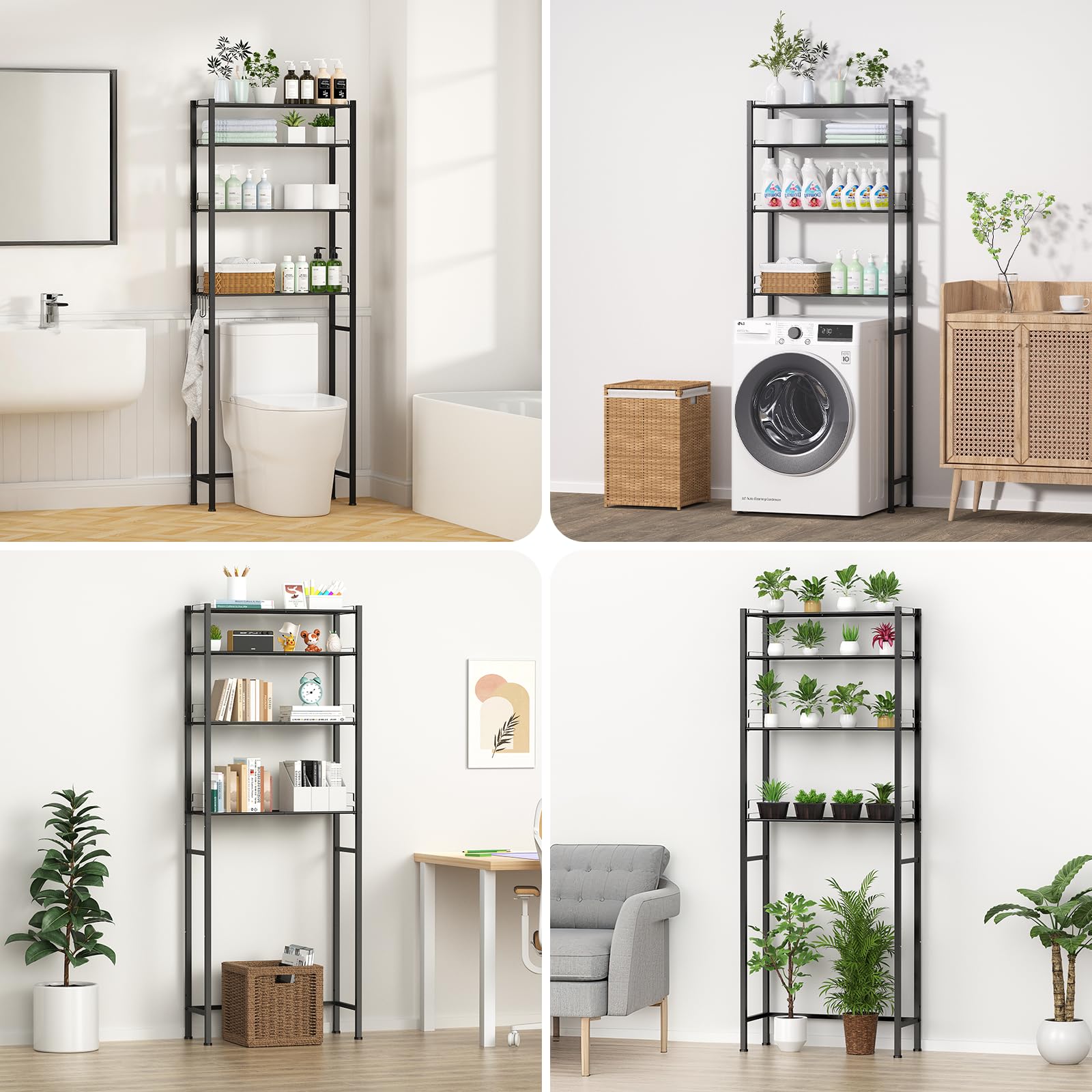 OUTWOLF Waschmaschinenregal Waschmaschinenschrank Überbauschrank ohne Bohren 4 Ebenen Badezimmerregal, Hochkohlenstoffstahl Toilettenregal, Platzsparender Badezimmerträger, Schwarz