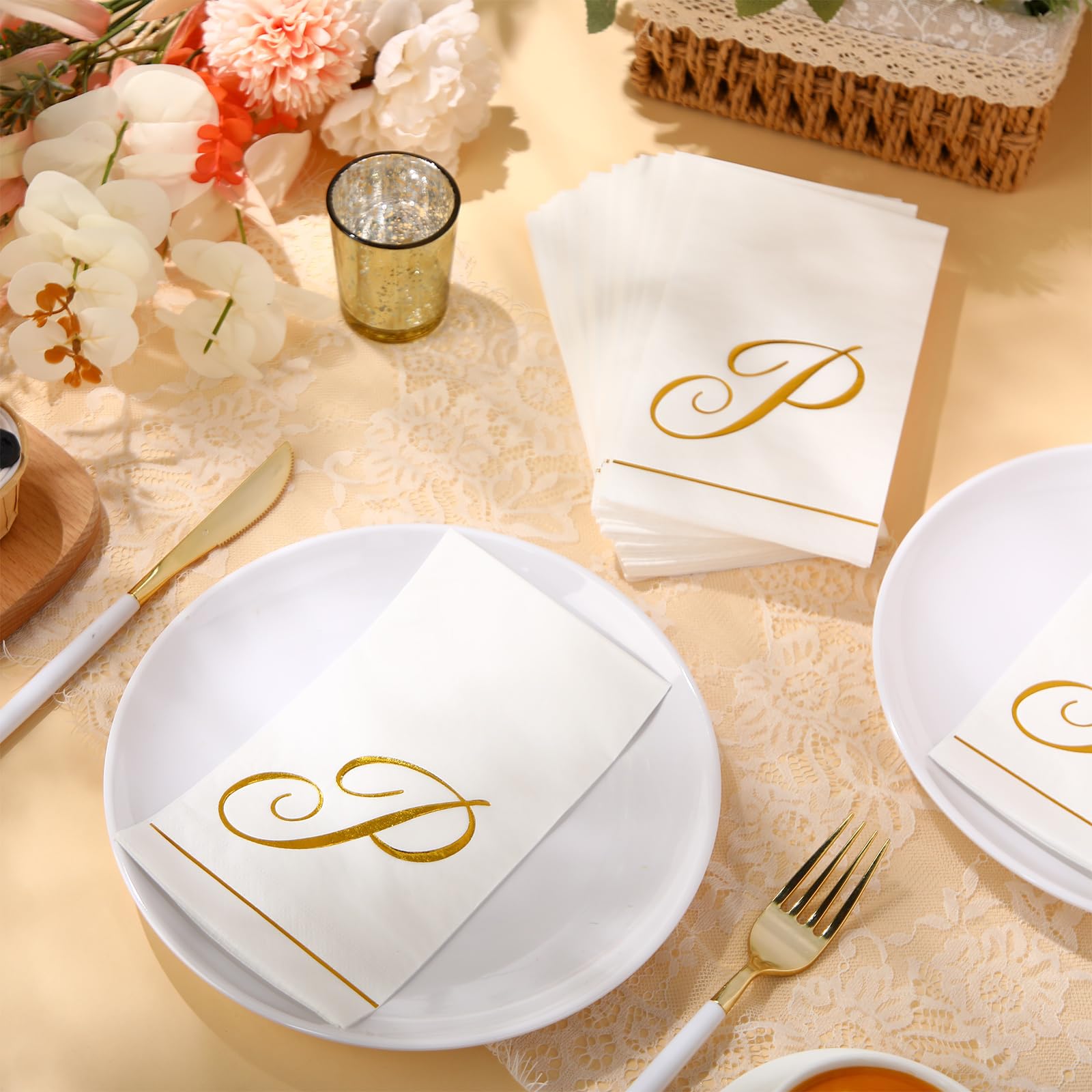 Pasimy 200 servilletas con inicial, servilletas de papel con monograma dorado, desechables, elegantes, para bodas, despedidas de soltera, vacaciones, fiestas de cumpleaños, decoración de vajilla