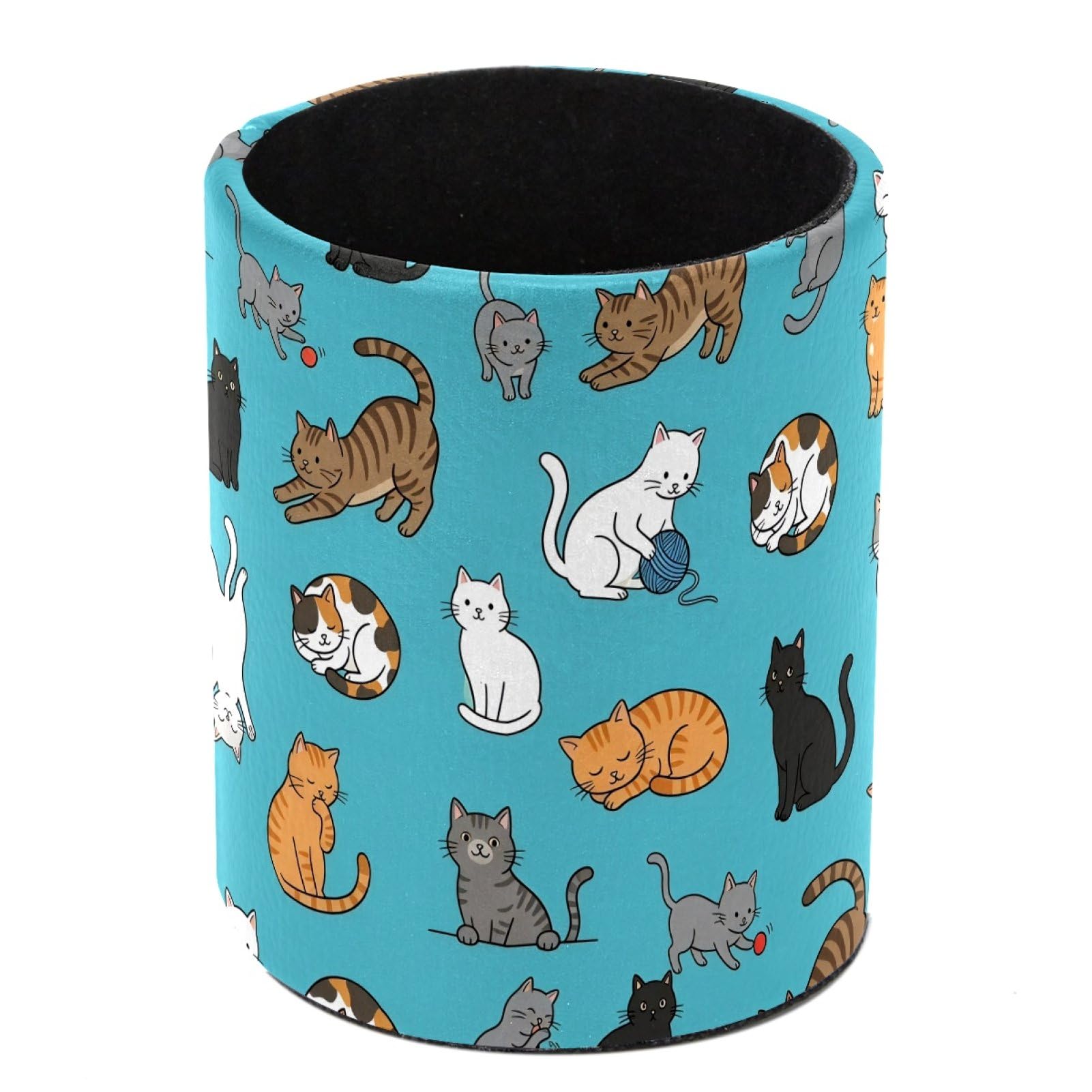 HEOEH Cats Pen Holder for Desk, PU Leather Pencil Holder Pen Cup Marker Holder Makeup Brush Holders, Desk Accessories & Workspace Organizers for Home, Office