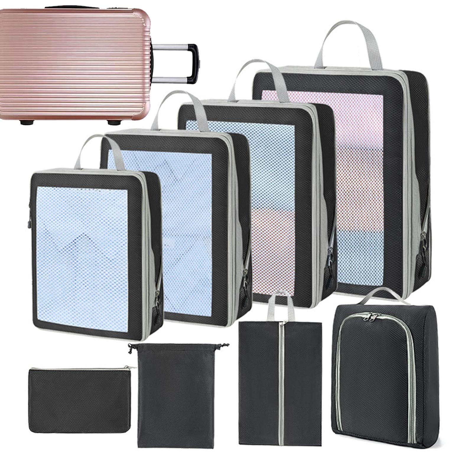 Borse organizer, borse a compressione per viaggi, set di 8 tasche impermeabili per valigia, contenitore per abiti con cerniera e manico per dormitori, soffitta e