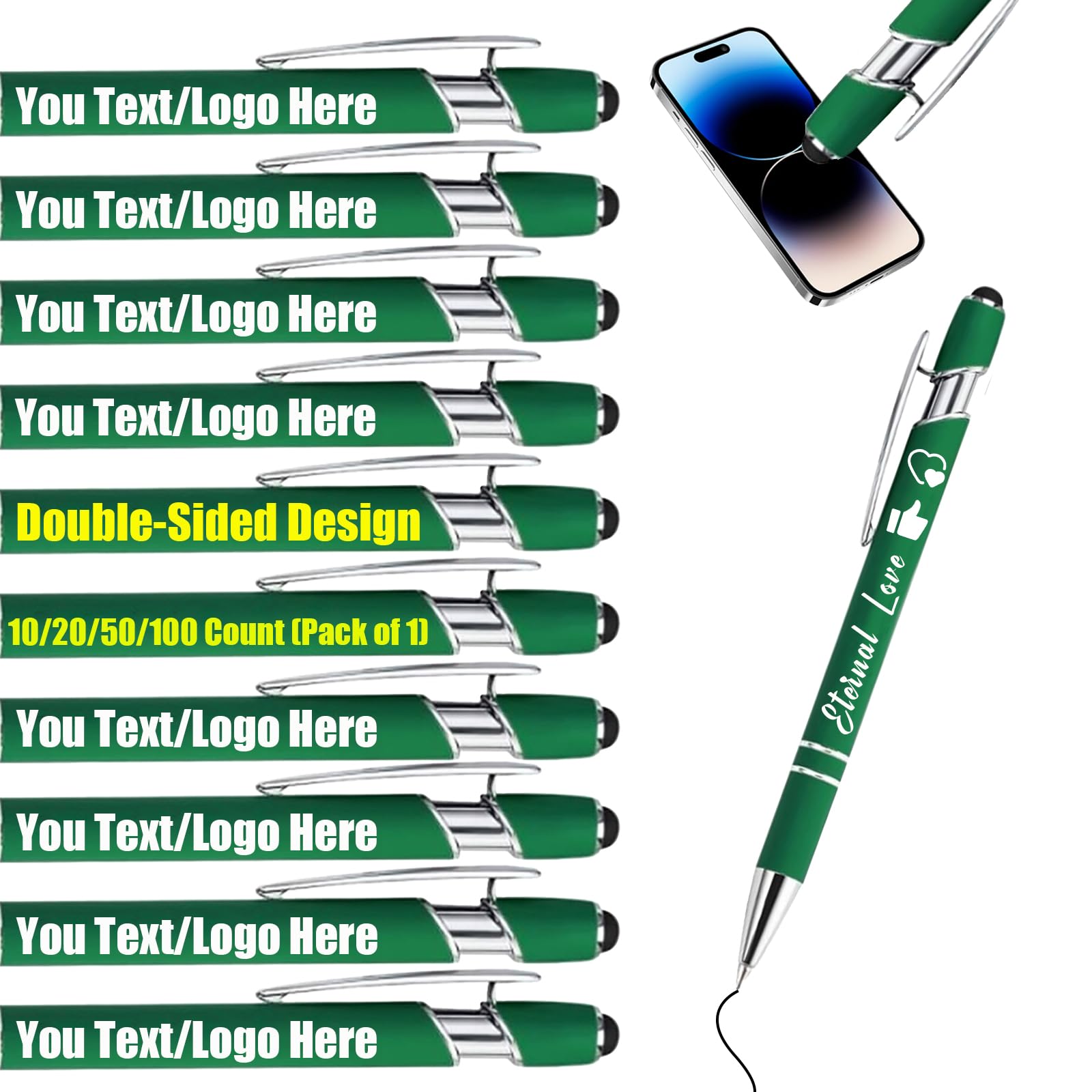 Personalised Gel Ink Rollerball Pens Bulk, Retractable Ballpoint Pens, Customised Laser Engraved Stylus with Name,Text,Logo Metal Ballpoint Pen Gift for Office Business School Dark Green 10 PC โ image 1