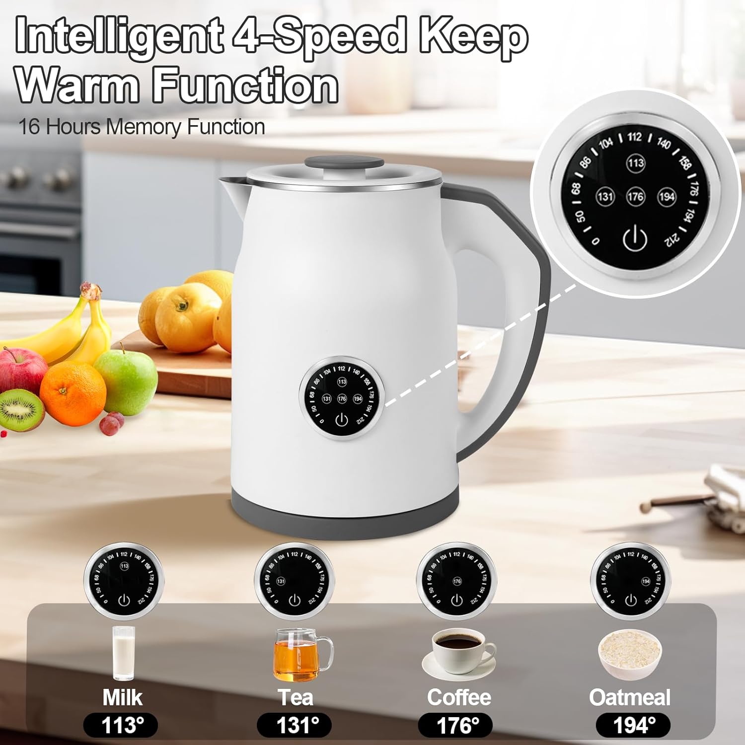 Electric Kettle with 4-Level Keep-Warm - Fast Boil, LED Display, Auto Shut-Off & Dry Burn Protection, 1.2L Stainless Steel, White
