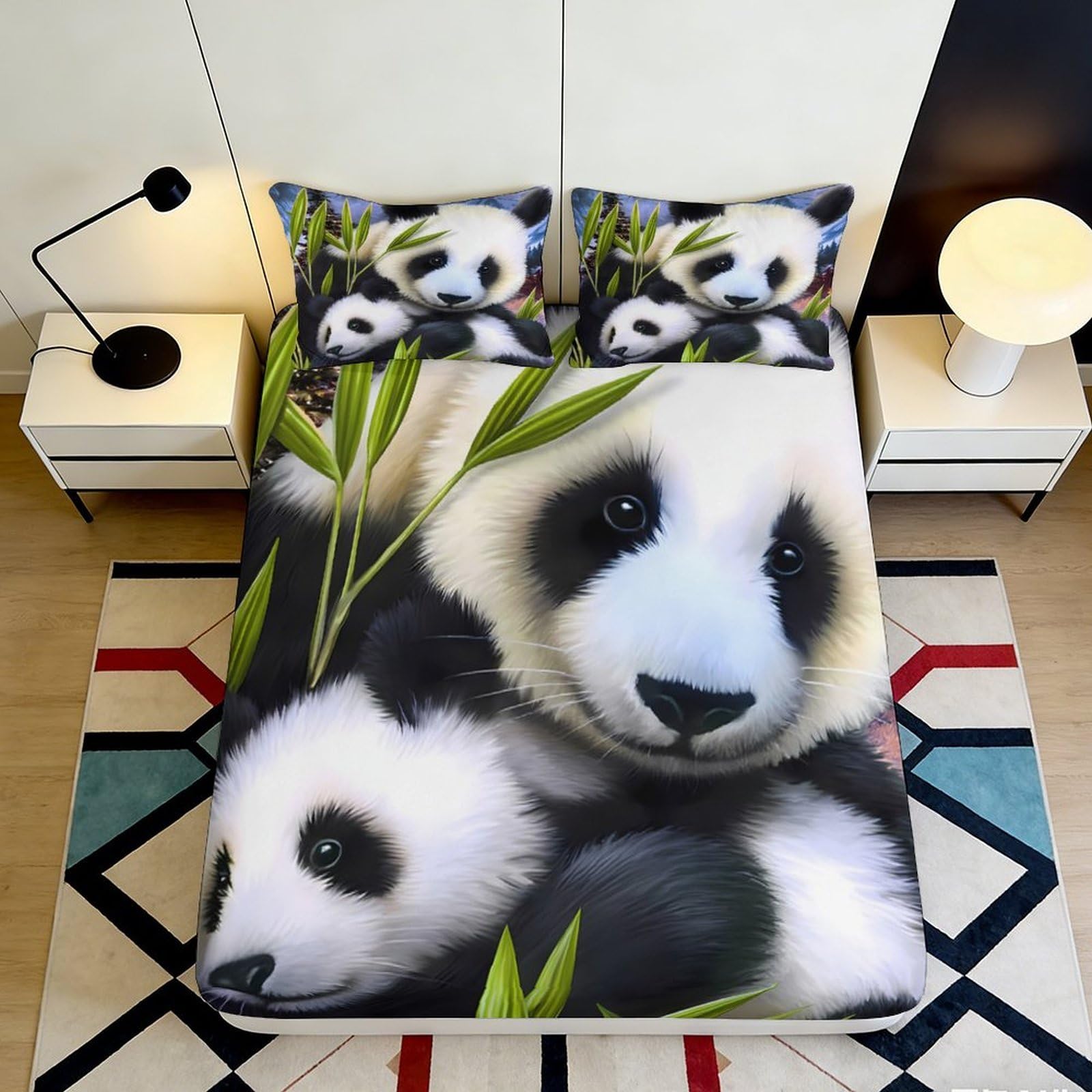 3D Printed Panda Bamboo Fitted Sheet Microfiber Soft Non-slip Bed Cover for Bedroom Guest Room Decor 180x200x25cm