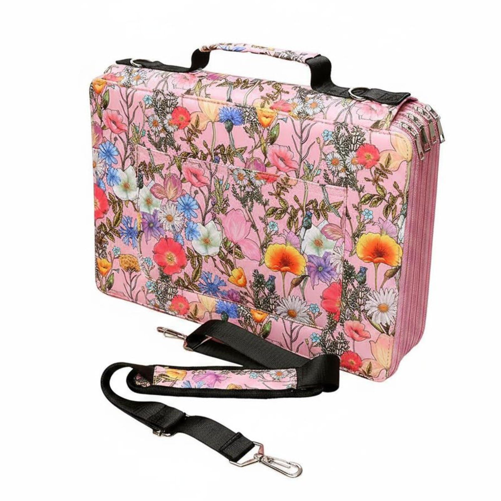 Qianly Astuccio 384 Scomparti Stampa Floreale Portamatite Grande Capacità Portatile Organizer Portapenne con Maniglia per Studenti, Pink