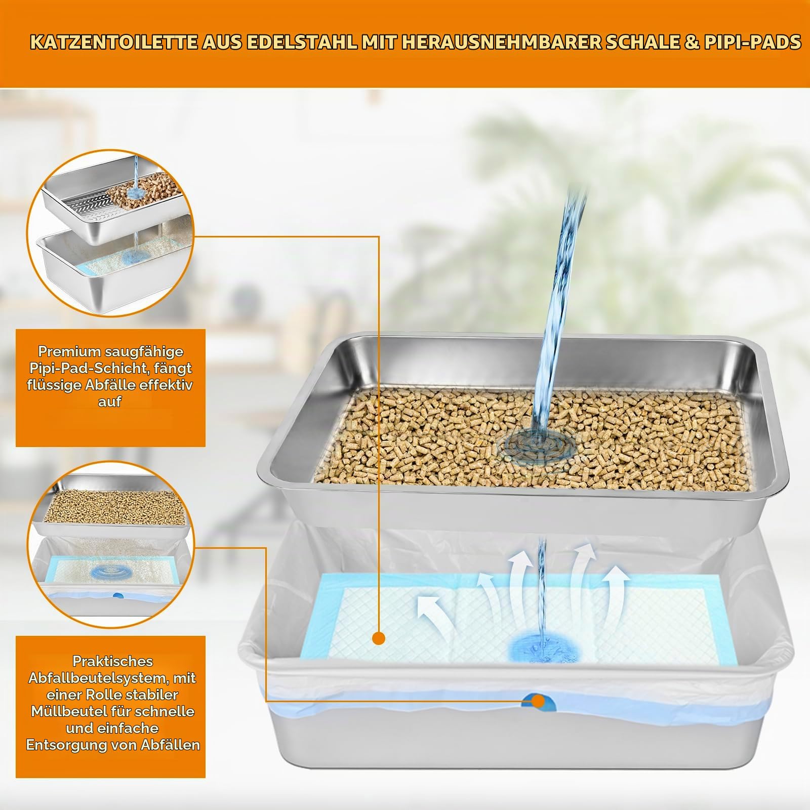 Homegroove Edelstahl-Katzenstreukasten für Kiefernpellets, 60 x 40 x 20 cm, hoher Rand, Metall-Katzenstreukasten mit Deckel für Wohnungskatzen, mit Kunststoffschaufel und 10 Urinpads (8 Inch)