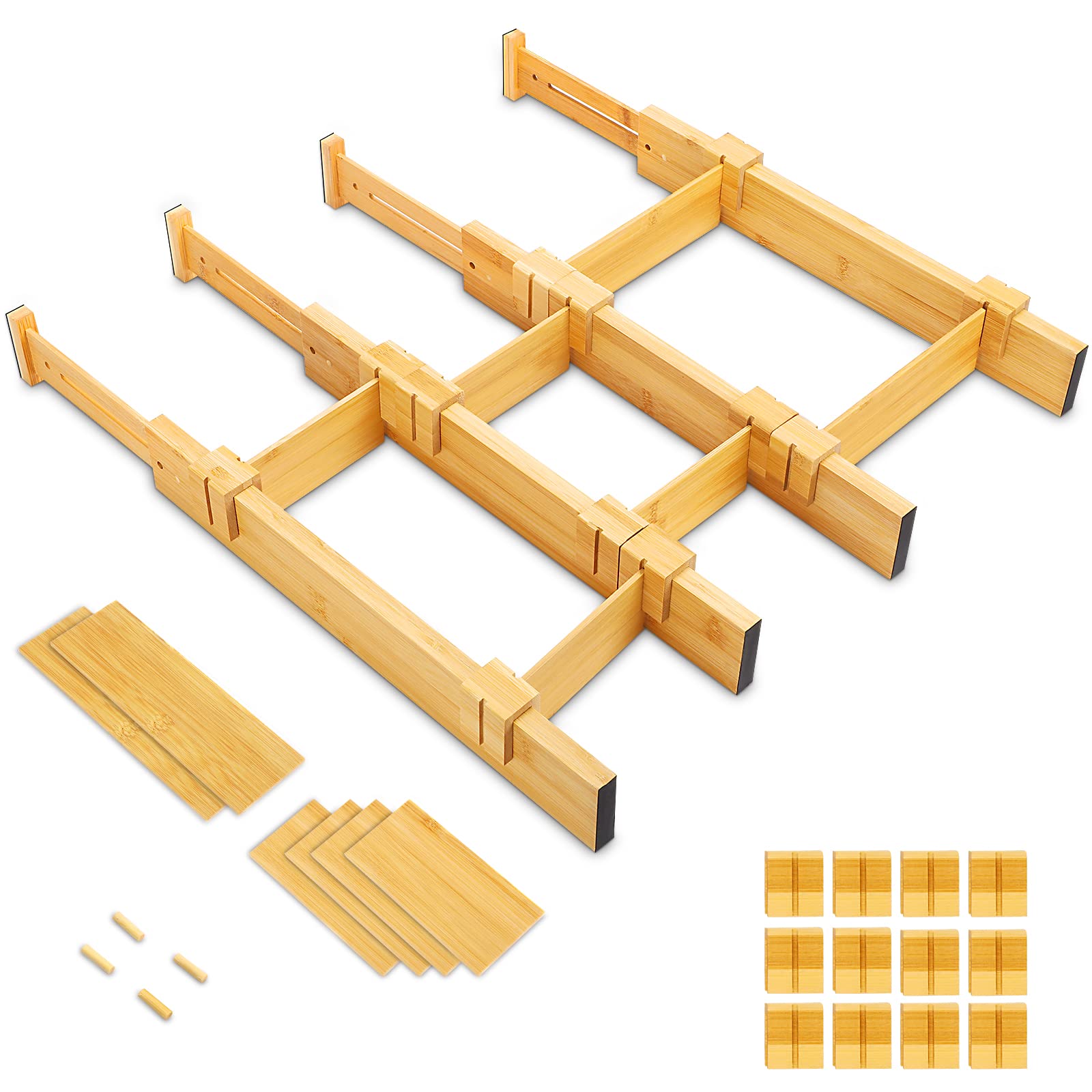4 Pack Bamboo Drawer Divider Adjustable Kitchen Drawer Organizer Flexible Expandable Drawer Organizer for Home, Office, Dressers and Bathroom 17-22 inch