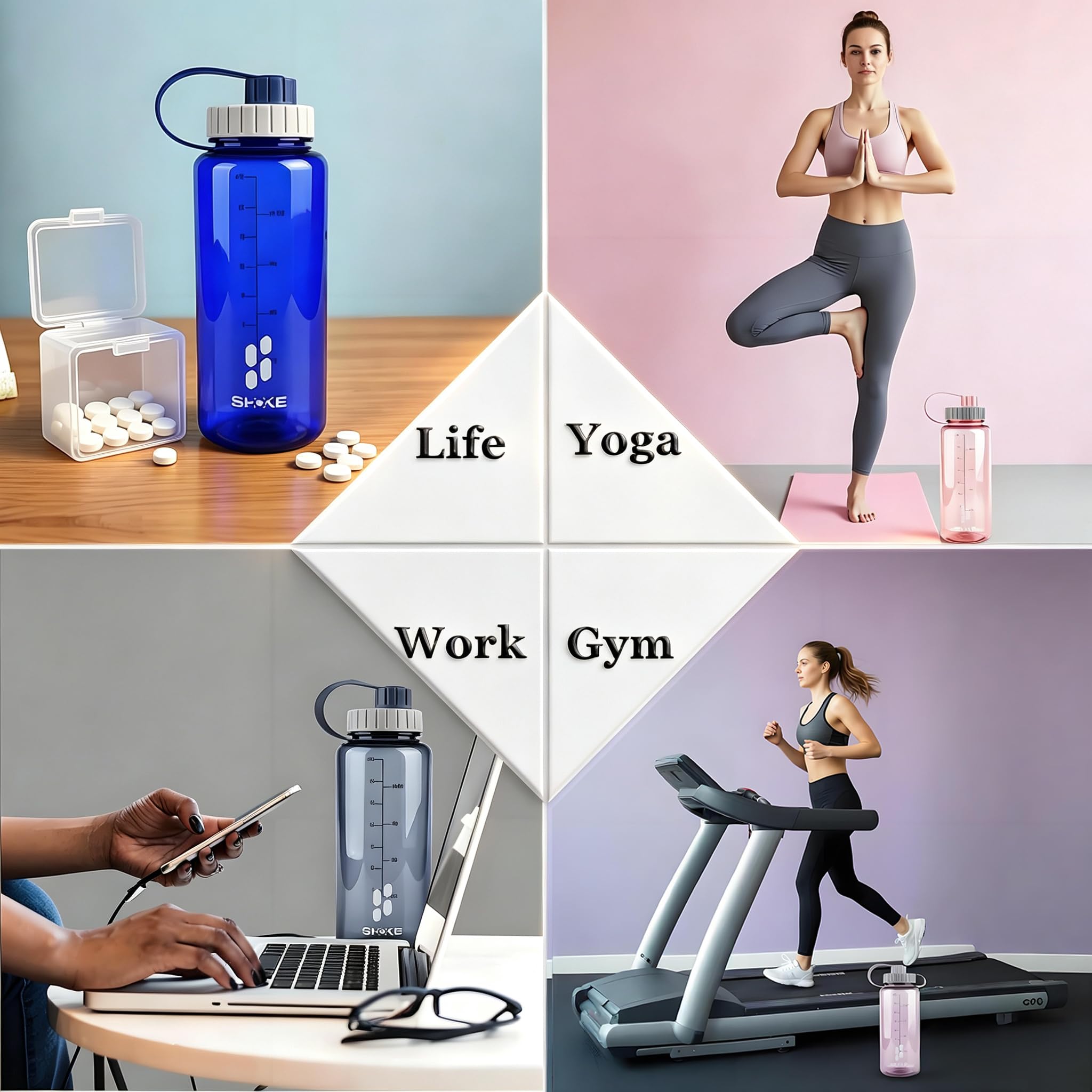 SHOKE Tritan Wasserflasche mit breitem Mund, auslaufsicher, Kunststoff, 1 Liter, BPA-frei, für Sport, Outdoor-Reisen, grau