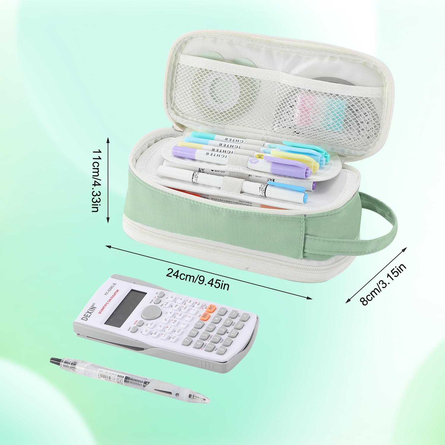 Tergopa Pencil Case Large Zipper Pencil Pouch for Girls Kids Teens Adults Aesthetic Pencil Bag Stationery Organizer Pen Pencil Case with Handle for School Green
