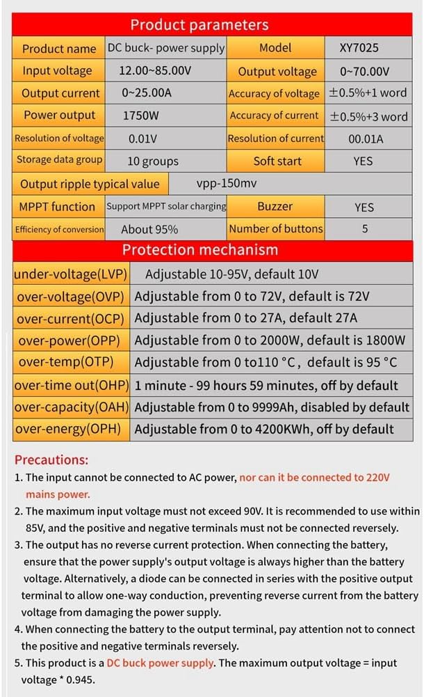 Table of product parameters for the XY7025 power supply, including input/output voltage, current, power, resolution, and protection mechanisms.