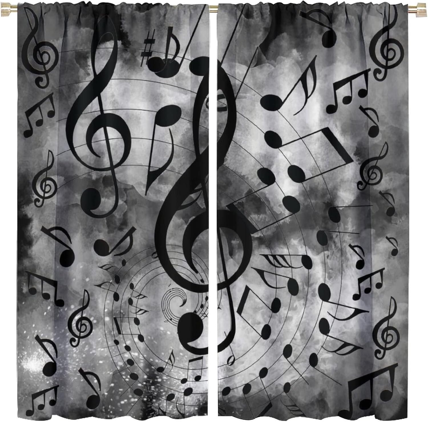 Fantasy Music Note Theme Blackout Curtains for Bedroom,Vintage Rustic Black Grey Symbol Design Window Curtains Rod Pocket 2 Panels 45L x 21W