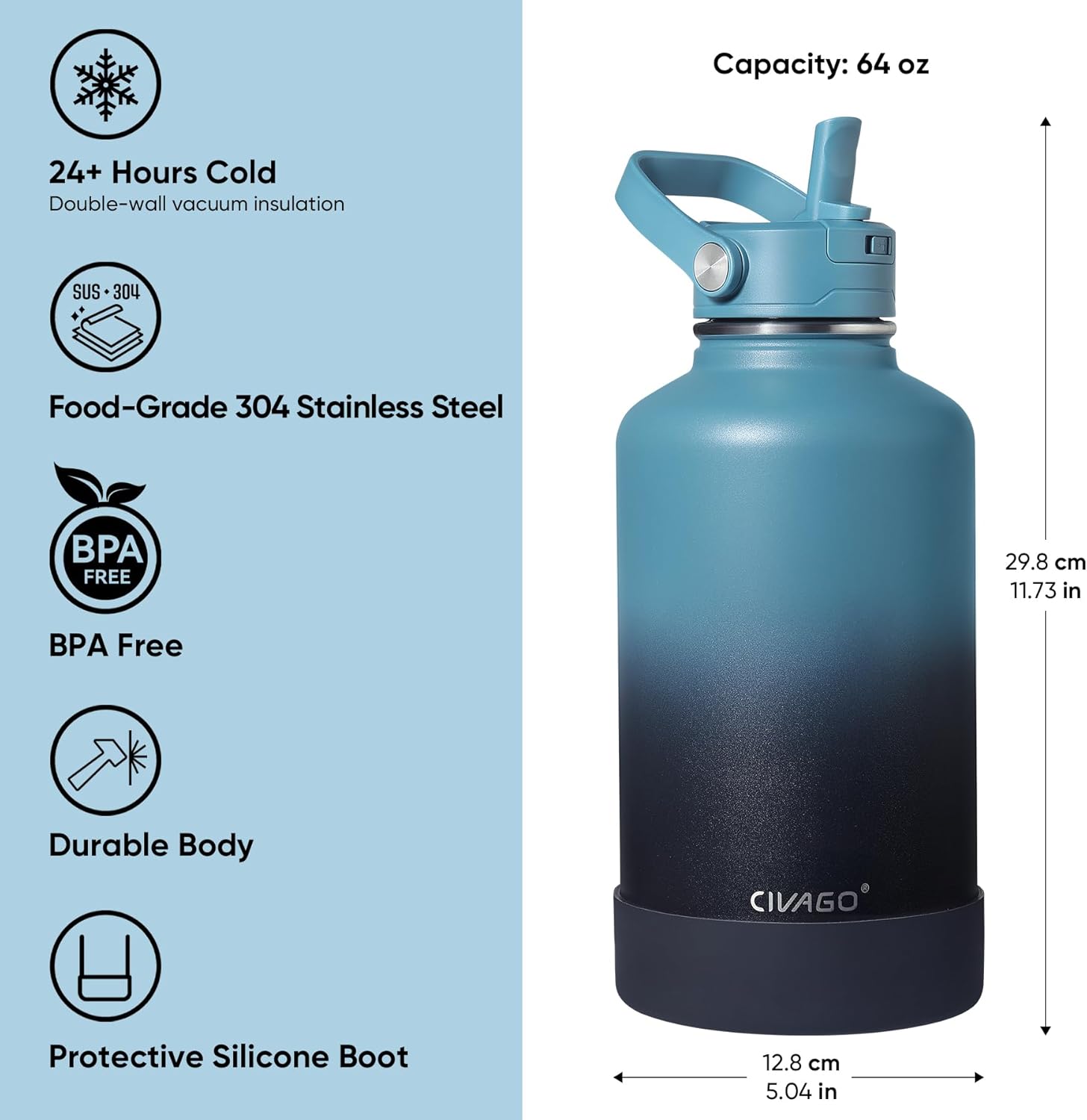 CIVAGO 64 oz Insulated Stainless Steel Water Bottle with Detachable Straw, Large Half Gallon Water Jug with Bucket Handle, Big Metal Leakproof Flask with Silicone Boot, Dishwasher Safe, Army Green