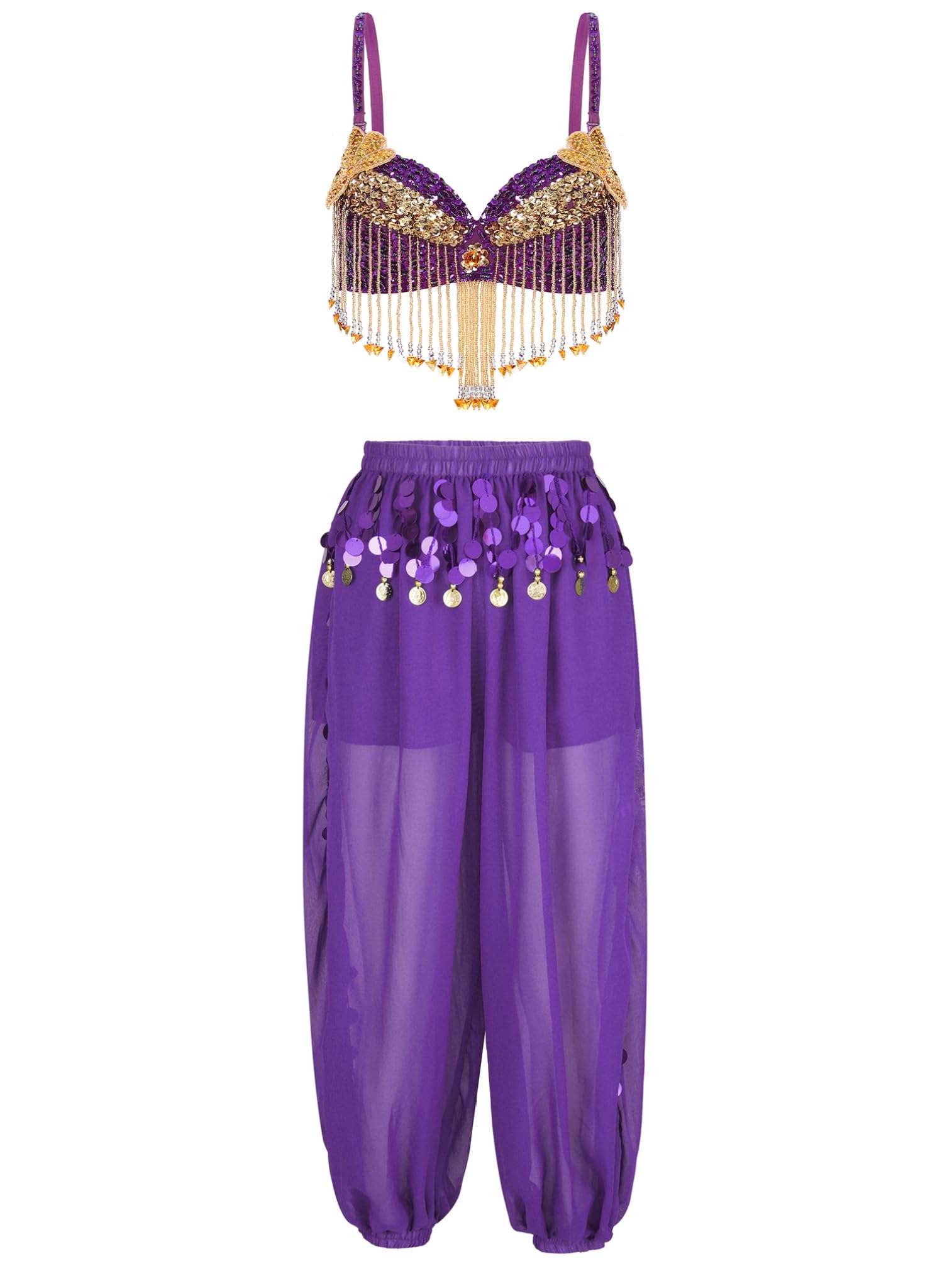 ranrann Traje de Danza del Vientre para Mujer Top Corto Sujetador y Pantalones de Lentejuelas Brillantes de Princesa Árabe Disfraz de Bailarina India