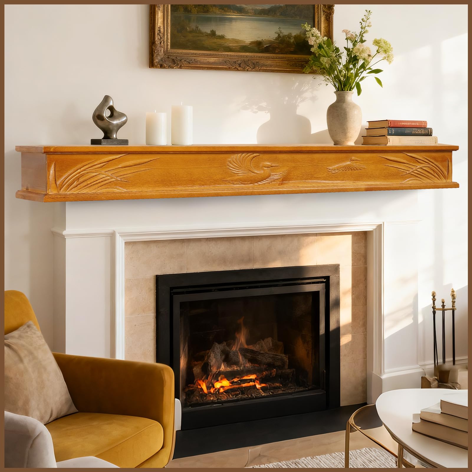 G GOOD GAIN Fireplace Mantel Shelf, 60 Inch Hand-Carved Rustic Wood Mantle, Ornate Farmhouse Wall Shelf with Decorative Carvings, Extra Thick Floating