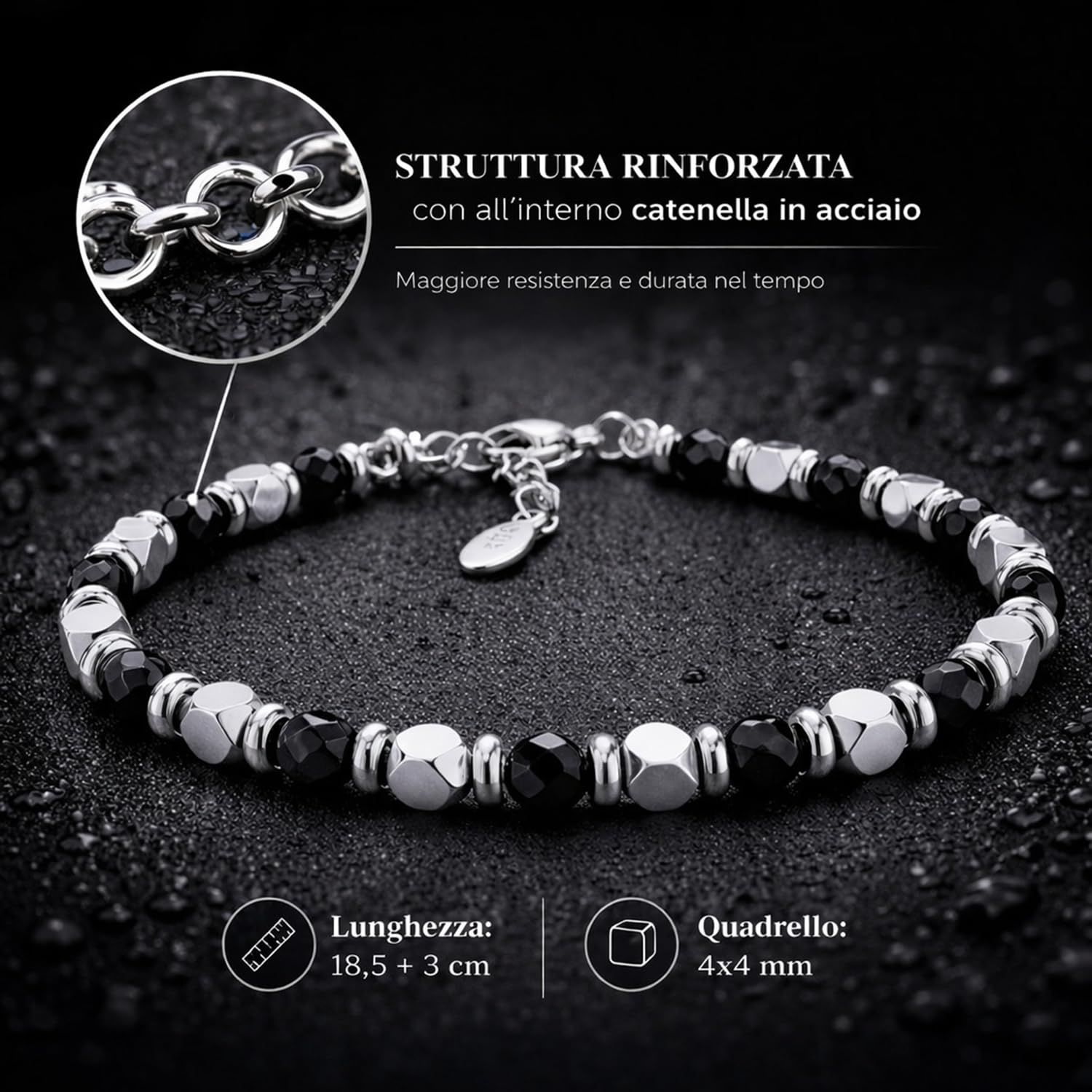 SAGA GIOIELLI® Bracciale Uomo Donna Pietre Dure Onice Nero Vari Colori Quadrello Acciaio