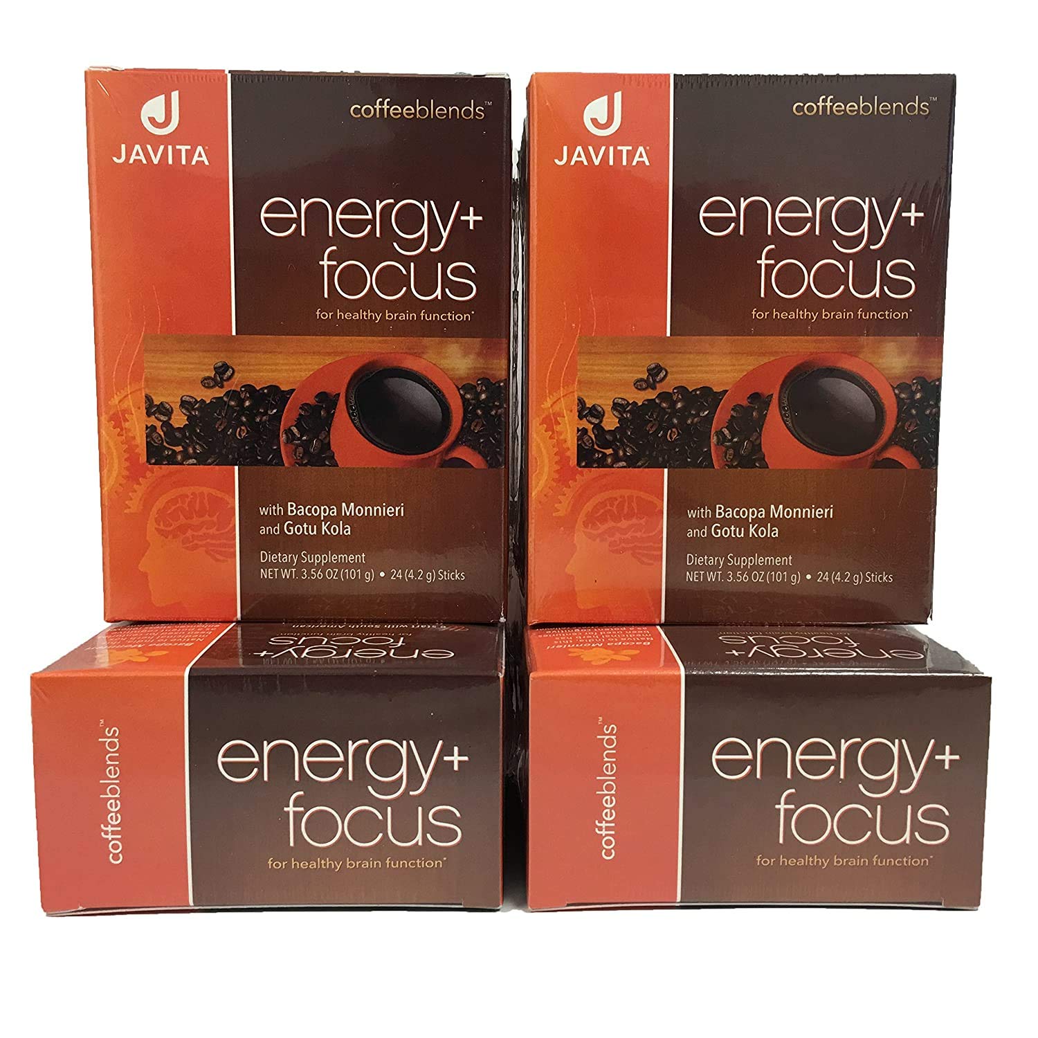 Energy + Focus Instant Coffee Packets by Javita, 100% South American Arabica & Robusta Blend, plus Herbs for Clarity, Energy, & Focus, Keto, Dieters Drink, 4 boxes of 24 (4.2g) sticks