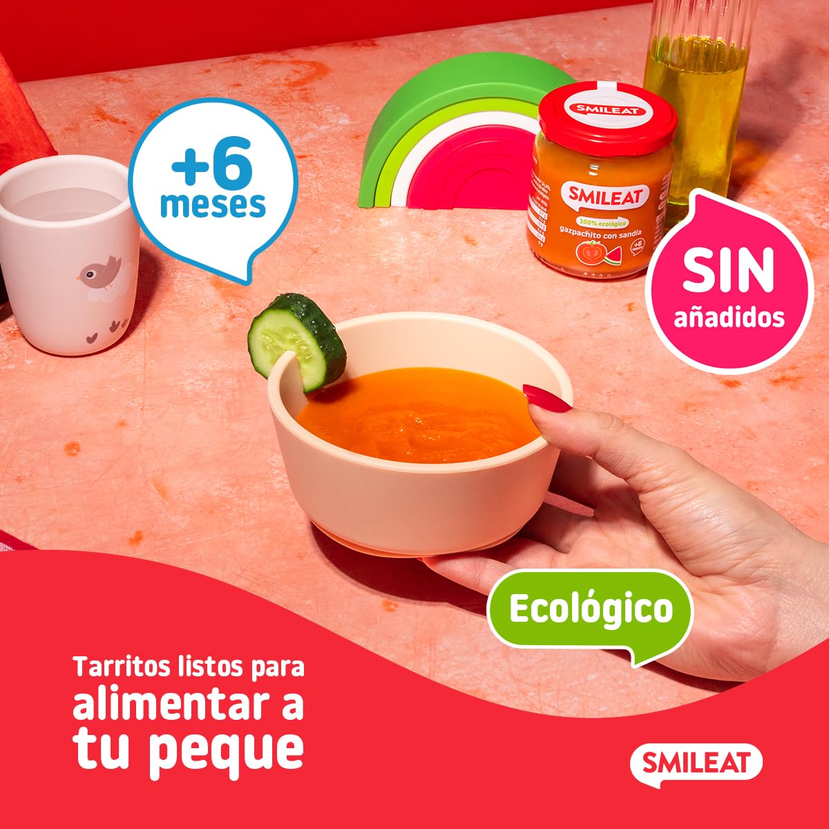 Smileat - Tarrito de Gazpachito con Sandia - Gazpacho para Bebés desde 6 Meses - Verduras y Frutas Ecológicas - con Aceite de Oliva Virgen Extra - sin Sal ni Azúcar Añadido - 190g