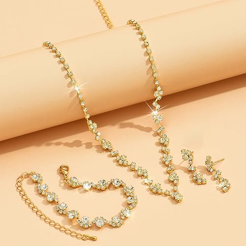 Vista 3 de Atiptu Juego de aretes de plata para graduación, collar y pulsera, con diamantes de imitación, gargantilla, aretes, pulsera, novia, boda, baile