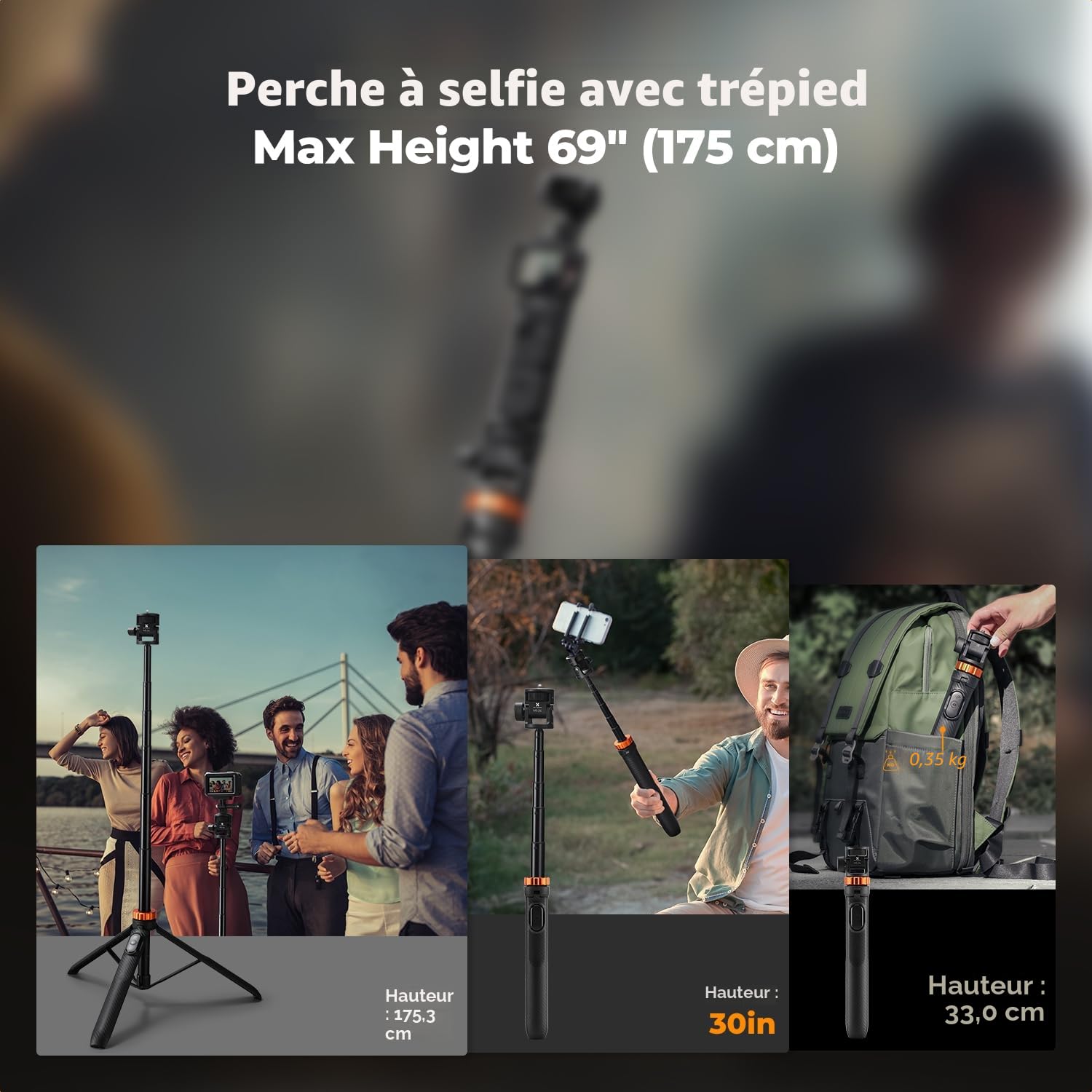 Trépied Smartphone MS27 175cm, Perche a Selfie avec Télécommande, 2 in 1 Trépied pour Appareil Photo et Caméras de Sport avec vis 1/4", pour DJI Osmo Pocket 3, Pocket 4, insta360 X5 X4, GoPro