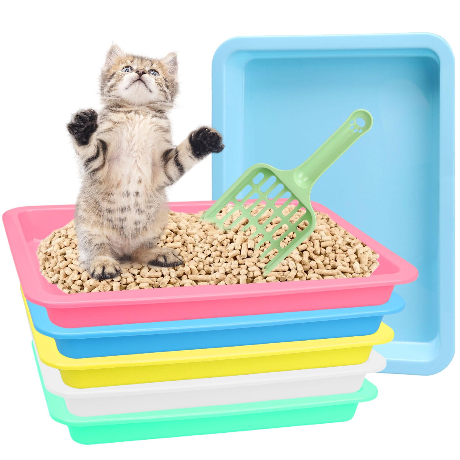 Katzentoiletten-Set, 7-teilig, Katzentoilette mit Katzentoilette, niedriger Einstieg für Kätzchen, tragbare flache Katzentoilette für Kaninchen, Meerschweinchen, Hamster