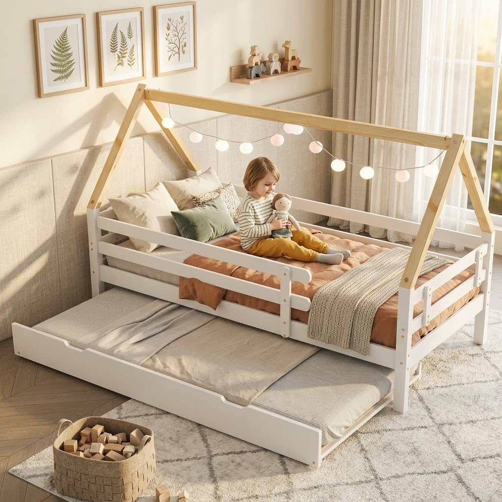 Letto per casa sull'albero, letto singolo, letto per bambini, letto estraibile con ruote inferiori, in legno massello, letto bianco, sedia sottotetto colore naturale (90 x 200 + 90 x 190 cm)