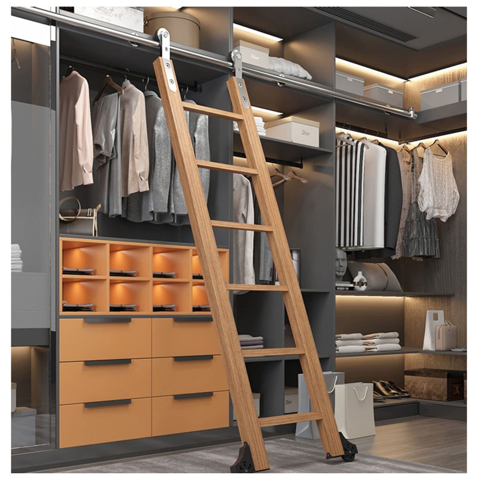 Rolling Ladder Hardware Library Sliding Ladder Hardware Kit, Sliding Barn Door Hardware Track Accessories - Round Tube Stainless Steel - With Floor Rollers - No Ladder(400cm(13.1 ft) track kit)