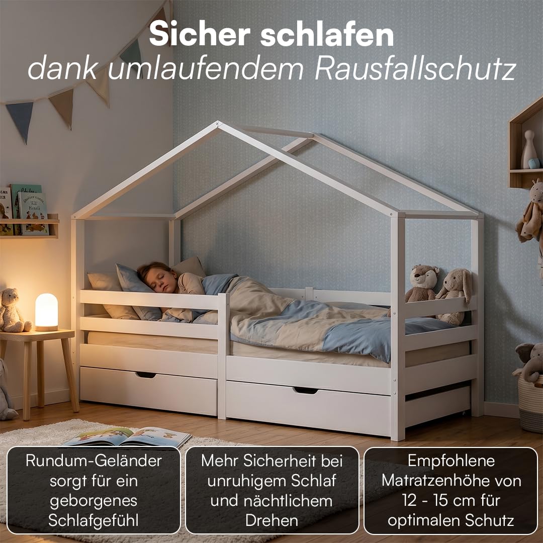 Bellabino Abia Kinderbett 90x200 cm – Hausbett mit Rausfallschutz, Lattenrost und 2 Schubladen – Montessori Kinder Bett aus Massivholz Kiefer für Jungen und Mädchen in Weiß