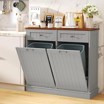 LOUVIXA Tilt Out Trash Can Cabinet with Double Hidden Can Holder, Kitchen Free Standing Recycling Cabinet, Dog Proof, Wood, Gray