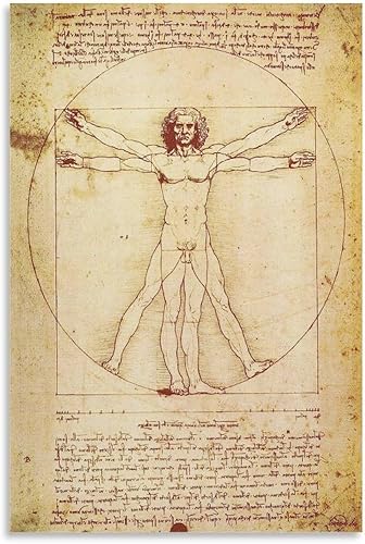 Buyartforless L'uomo Vitruviano Leonardo Da Vinci - Póster de pintura de cuerpo humano, arte de pared, lienzo, decoración de pared, decoración del