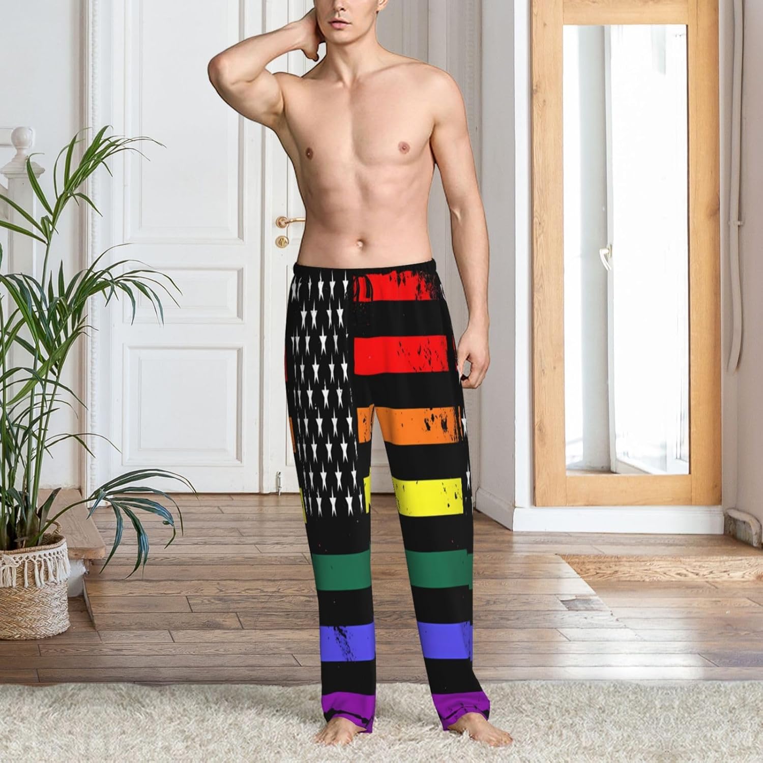Rainbow Pride Gay LGBT American Flag Men's Pajama Pants Lounge Bottoms Lightweight Sleep Pant Soft PJ Bottoms Joggers Loungewear Sleepwear with Elastic Waistband Pockets for Gym 3X-Large