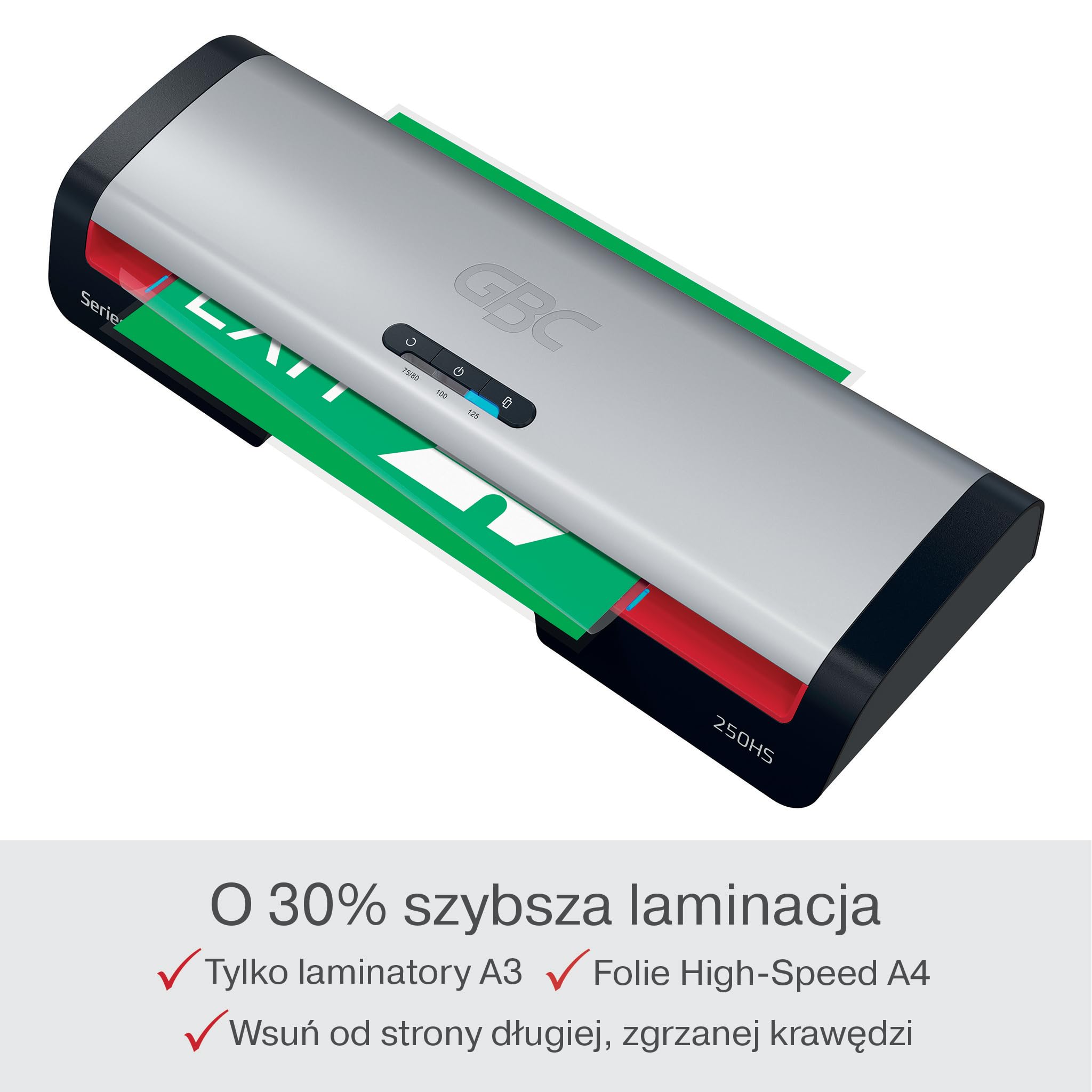 GBC 250HS Home Office Laminator A3 – Szybkie laminowanie, nagrzewanie w 1 minutę, 75–125 mikronów, funkcja przeciw zacięciom, auto wyłączanie, zawiera 5x folii A4, czarno-czerwony, 4410071EU