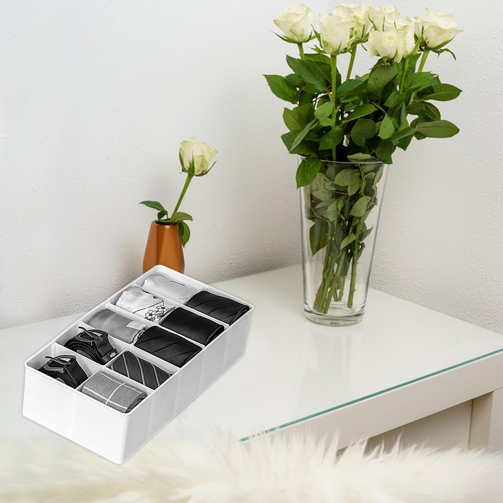 Organizer per cintura, 10 scomparti rimovibili, in plastica, per riporre calze, cravatte, cinture e altri accessori, bianco, 30,5 x 15,7 x 7,9 cm