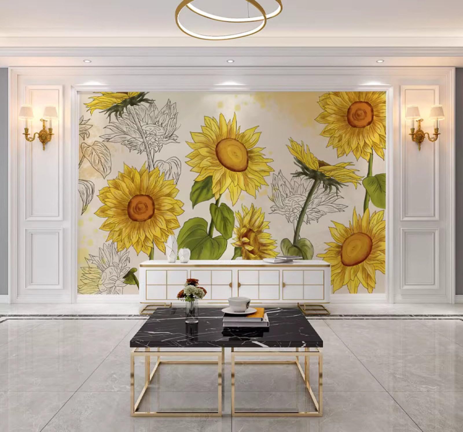 Xlming 350Cm×256Cm(B×H) Retro Hand Drawn Sunflowers Creative Pastoral 3D Wallpaper Luxury Home Dining Decor Paste Sofa Living Room The Wall For Bedroom Mural-350Cm×256Cm