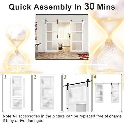 Miniatura 7 de Puerta corredera de granero doble, 84 pulgadas (doble 42 x 84 pulgadas, puerta de granero de vidrio esmerilado, superficie de PVC impermeable, kit