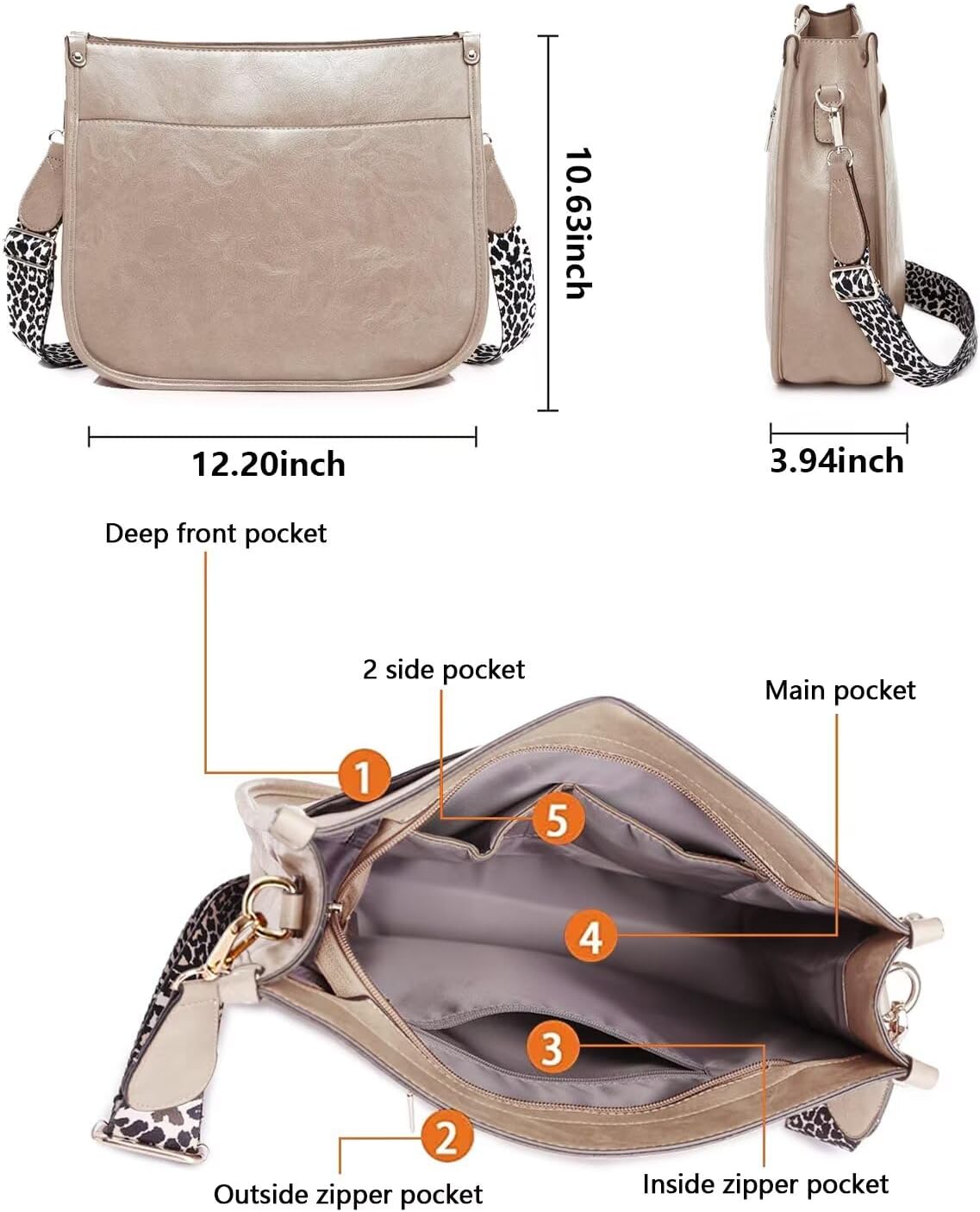 AUYOCO Vegan Leather Crossbody Bags for Women, Crossbody Purse with Guitar Strap Zipped Pockets Handbag Shoulder Bag - Image 3