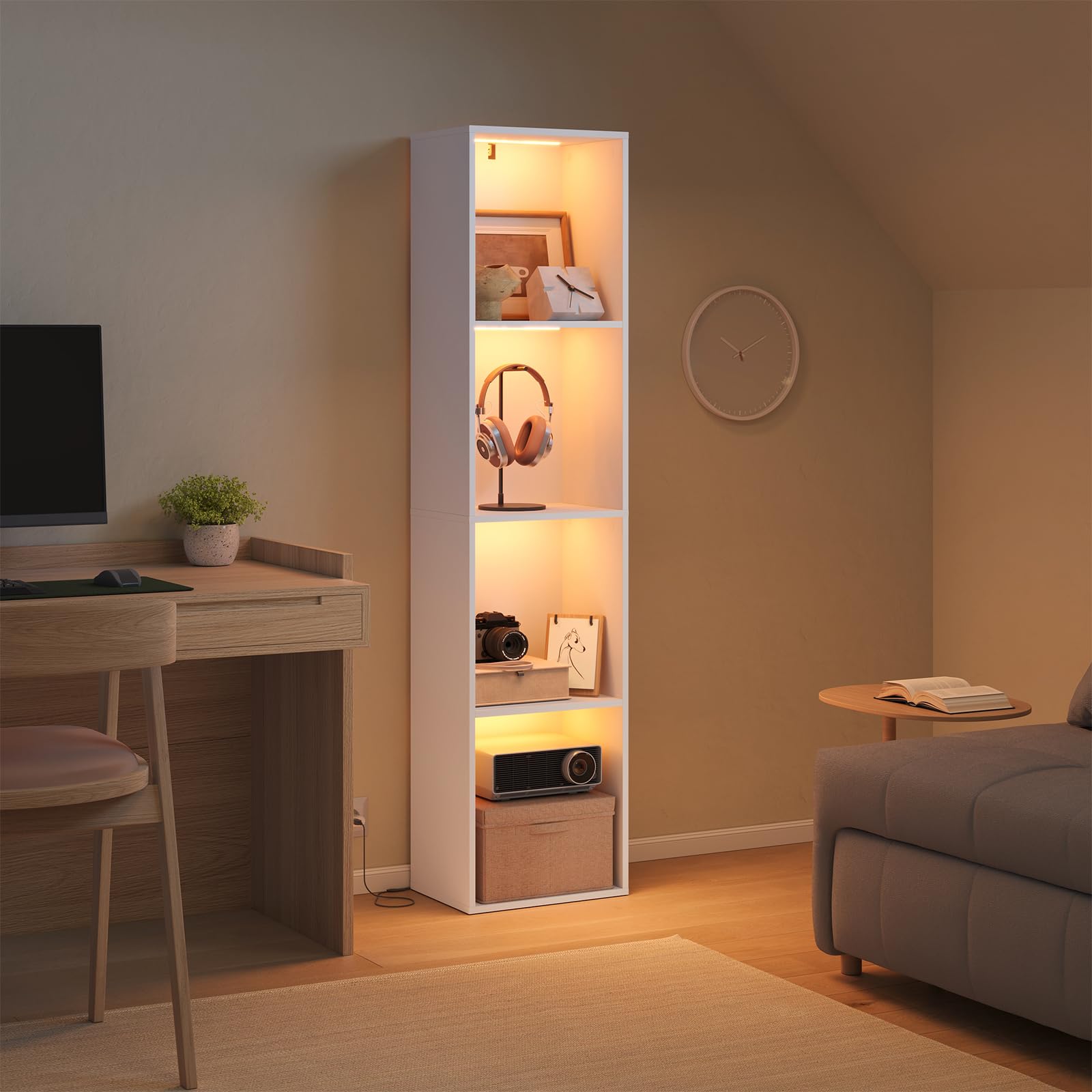 WOLTU Libreria Verticale con Luce LED e 4 Scomparti, Scaffale Libreria con Dispositivo Antiribaltamento, 40x29x170 cm, Stile Moderno, in Legno per Soggiorno, Camera da Letto e Studio, Bianco