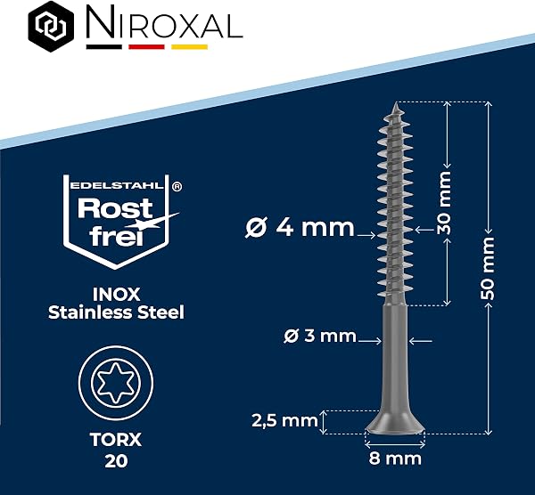 Tornillo de cabeza avellanada TORX de acero inoxidable fabricado en V2A 4-mm de espesor 50-mm de longitud del tornillo 100 piezas Rosca parcial de 30-mm Tornillo para madera 4x50 A2 - 2