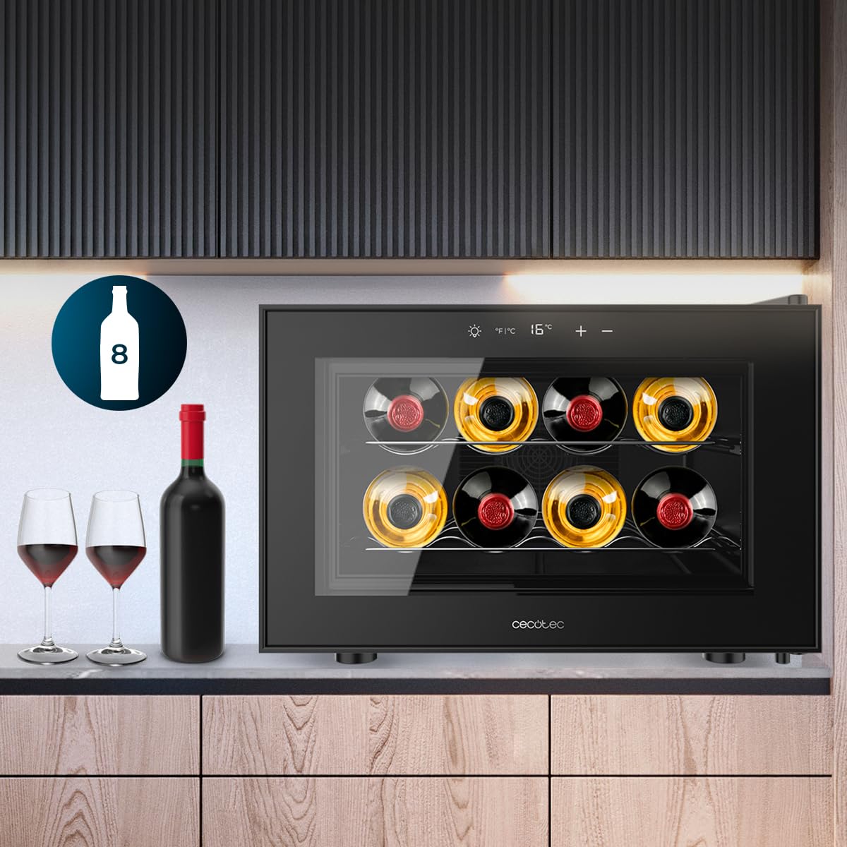 Cecotec Cave à Vin Bolero GrandSommelier 800H CoolCrystal E, Capacité 8 Bouteilles, Étagères Métalliques, Contrôle Tactile, Température 8 à 18ºC, Noire