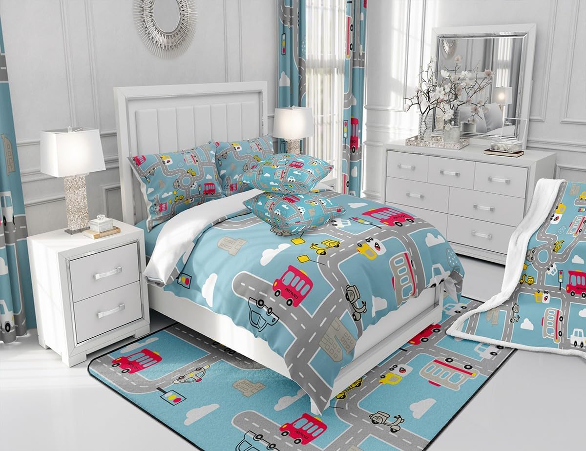 Feelyou Cartoon City Map Plush Blanket Car Race Track Print Sherpa Blanket Kids Boys Girls Downtown Rural Map Blue Fleece Throw Blanket Car Themed Fuzzy Blanket for Sofa Bed Couch,Twin 60x80 Inches