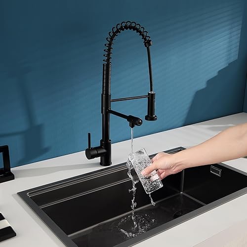 Vista 46 de MENATT Grifo de fregadero de cocina de 2 manijas con grifo de agua de drenaje, rociador desplegable 3 en 1 para purificar el filtro de agua (cromado)