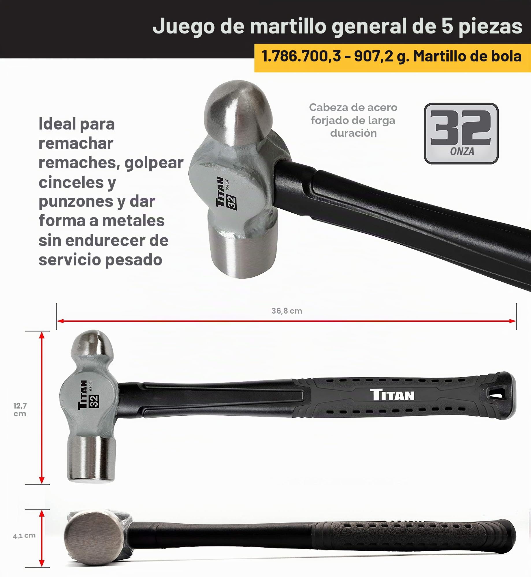 Titan 63125 - Juego de 5 martillos, martillo de bola de 453,59 g y 0,91 kg onzas, mazo de goma de 32 0,91 kg, Mazo de 1,36 kg y martillo de cabeza plana cruzada de 1,36 kg