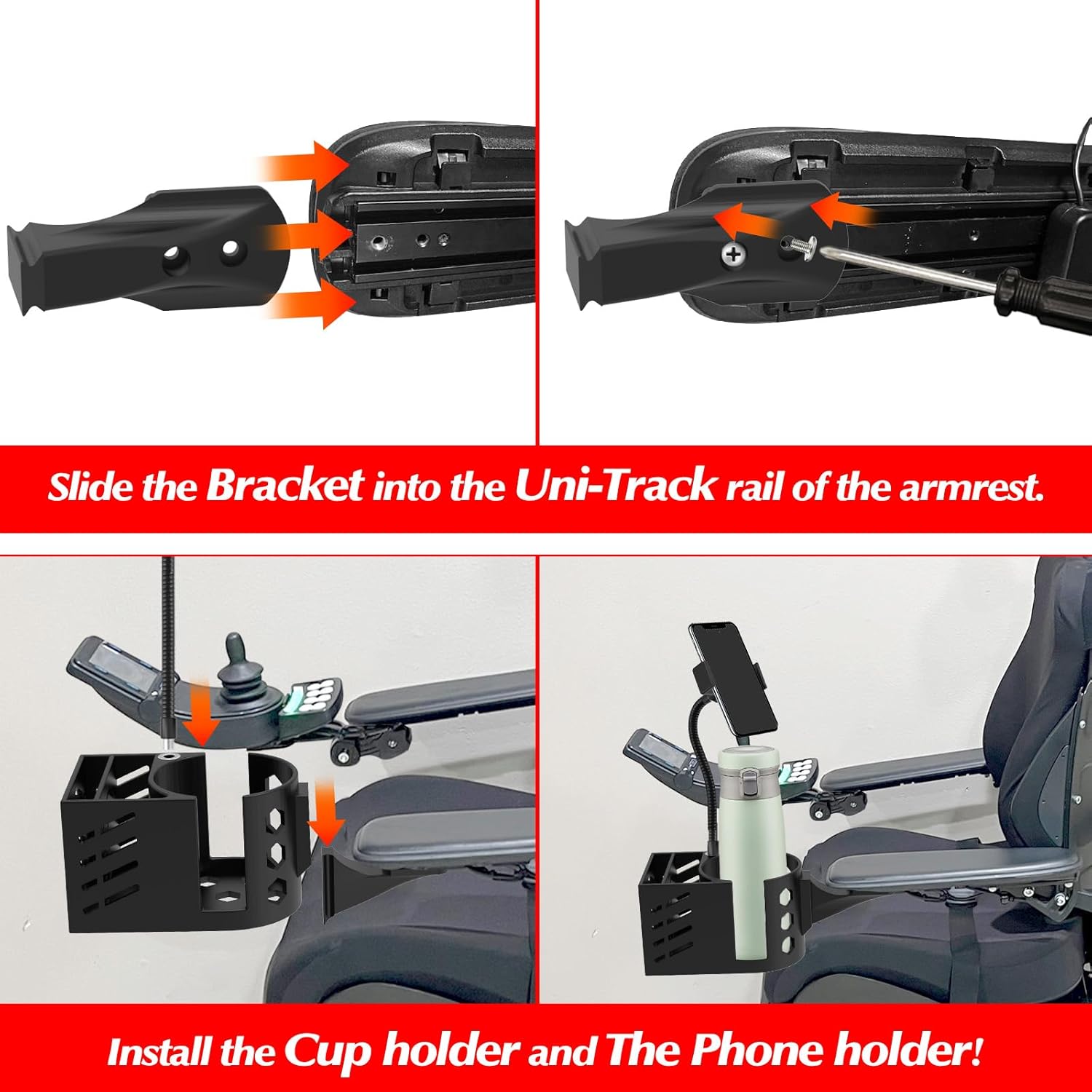 GFYYBKJ Cup Holder for Permobil Power Wheel Chair, Compatible with Permobil Wheelchair with Uni-Track Armrest Such as M300, M3, M1, F3, F5, K300 Ps, 3 in 1 Cup Holder, Phone Holder & Storage Basket