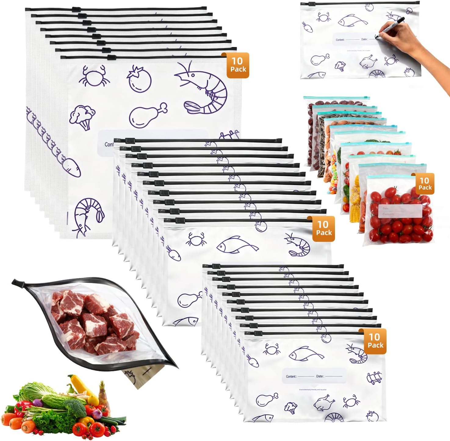 30PCS Reusable Aluminum Foil Sealable Storage Bags, 2026 New Resealable Vacuum Zipper Pouches for Food, Stand Up Foil Sealable Bags with Label and Zip Lock for Vegetable Fruit Meat