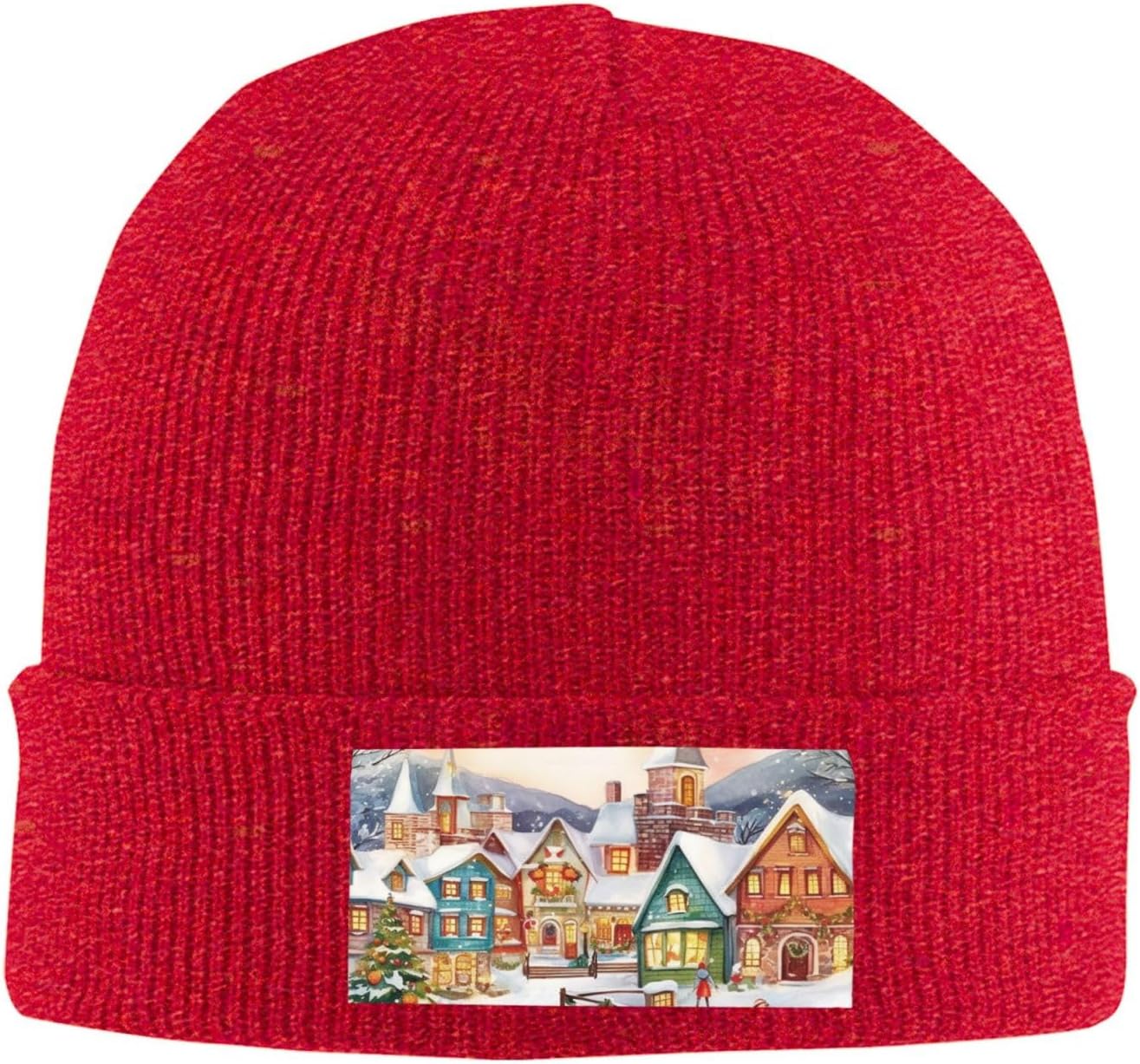 Knitted Hat Watercolor Magic Christmas Village Print Beanie for Women Soft Warm Beanie Cap Casual Knit Hat Men Winter Beanies Red