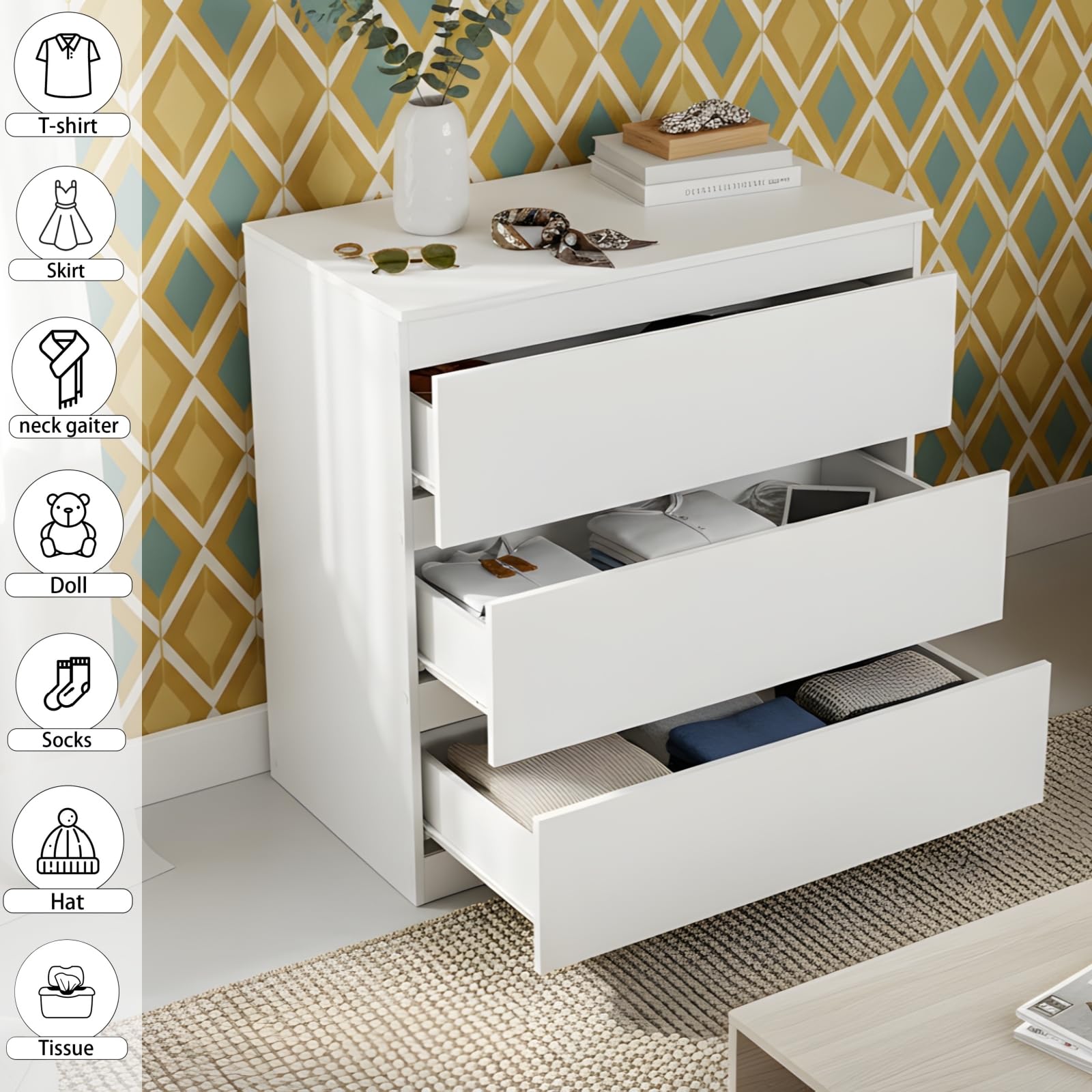 Cómoda Blanca con 3 Cajones, Cómoda y Cajonera Dormitorio Mueble de Cajonera Blanca Moderno Gavetero Alta 75 cm Almacenamiento Sinfonier para Dormitorio Salón Oficina (3 Cajones)