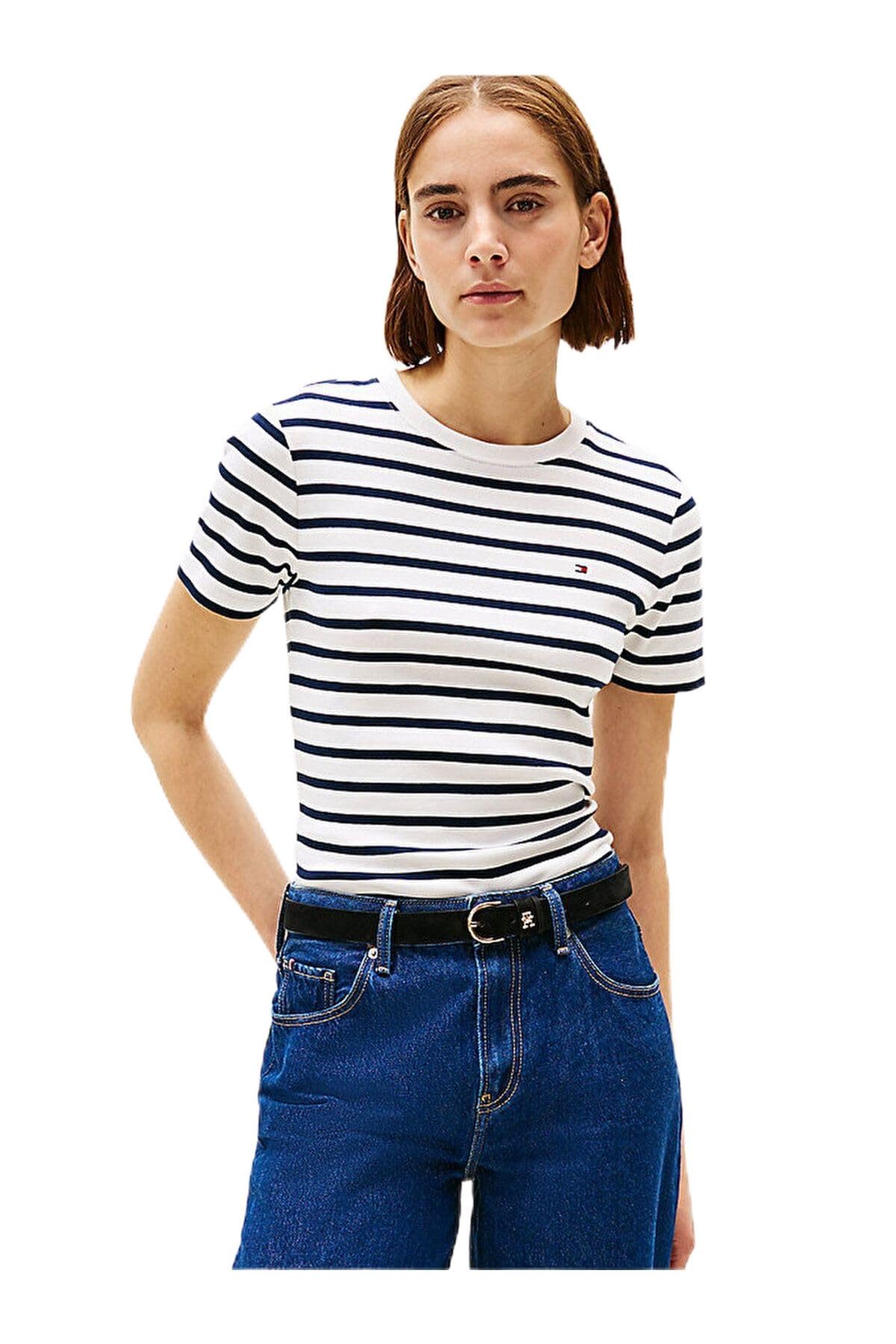 Tommy Hilfiger Damen T-Shirt Kurzarm Slim Cody Rundhalsausschnitt, Mehrfarbig (Breton Dark Night Navy STP), XXXL