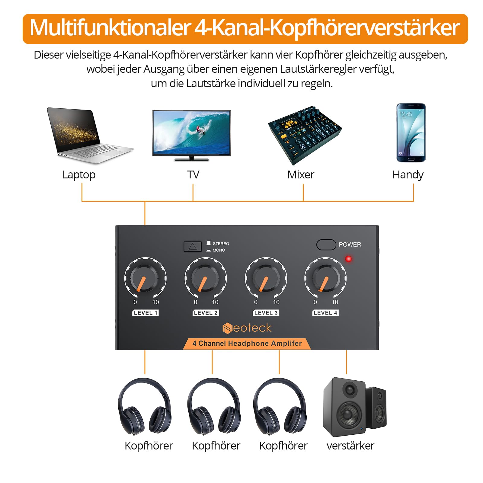 Neoteck 4 Kanal Kopfhörerverstärker Metall-Stereo-Audio-Verstärker mit Lautstärkeregler 3,5 mm Audiokabel 4-Kanal Mono/Stereo-Audioverstärker für Aufnahme/Mischung/Musikpraxis