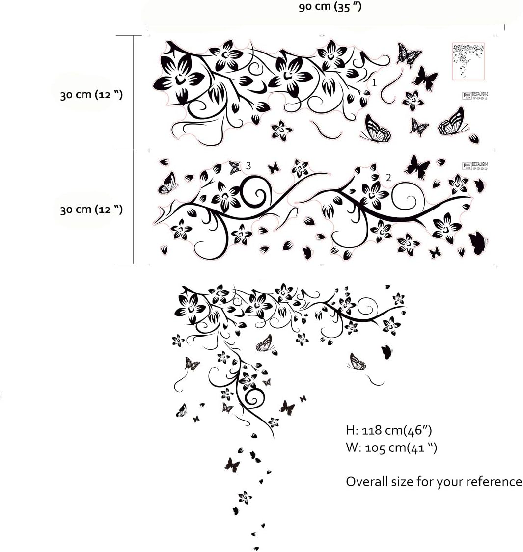 Runtoo Black Flowers Vine Wall Decal Floral Butterfly Wall Stickers Living Room Bedroom Wall Decor
